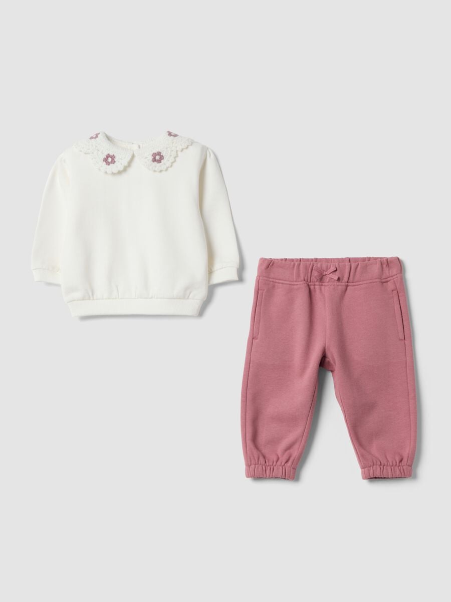 Pink two-piece set in pure organic cotton with crochet collar_0