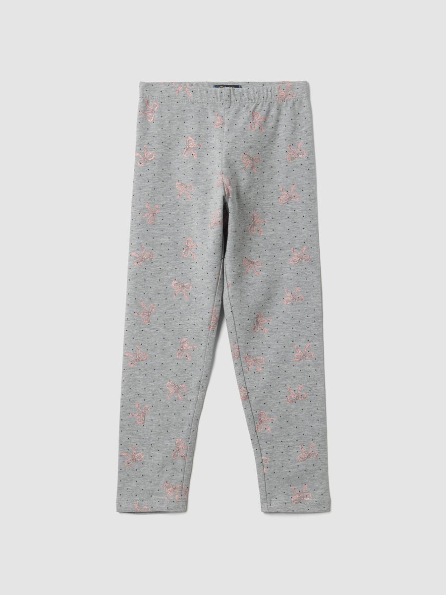 Leggings skinny grigi in cotone organico elasticizzato con fiocchi per bambina_0