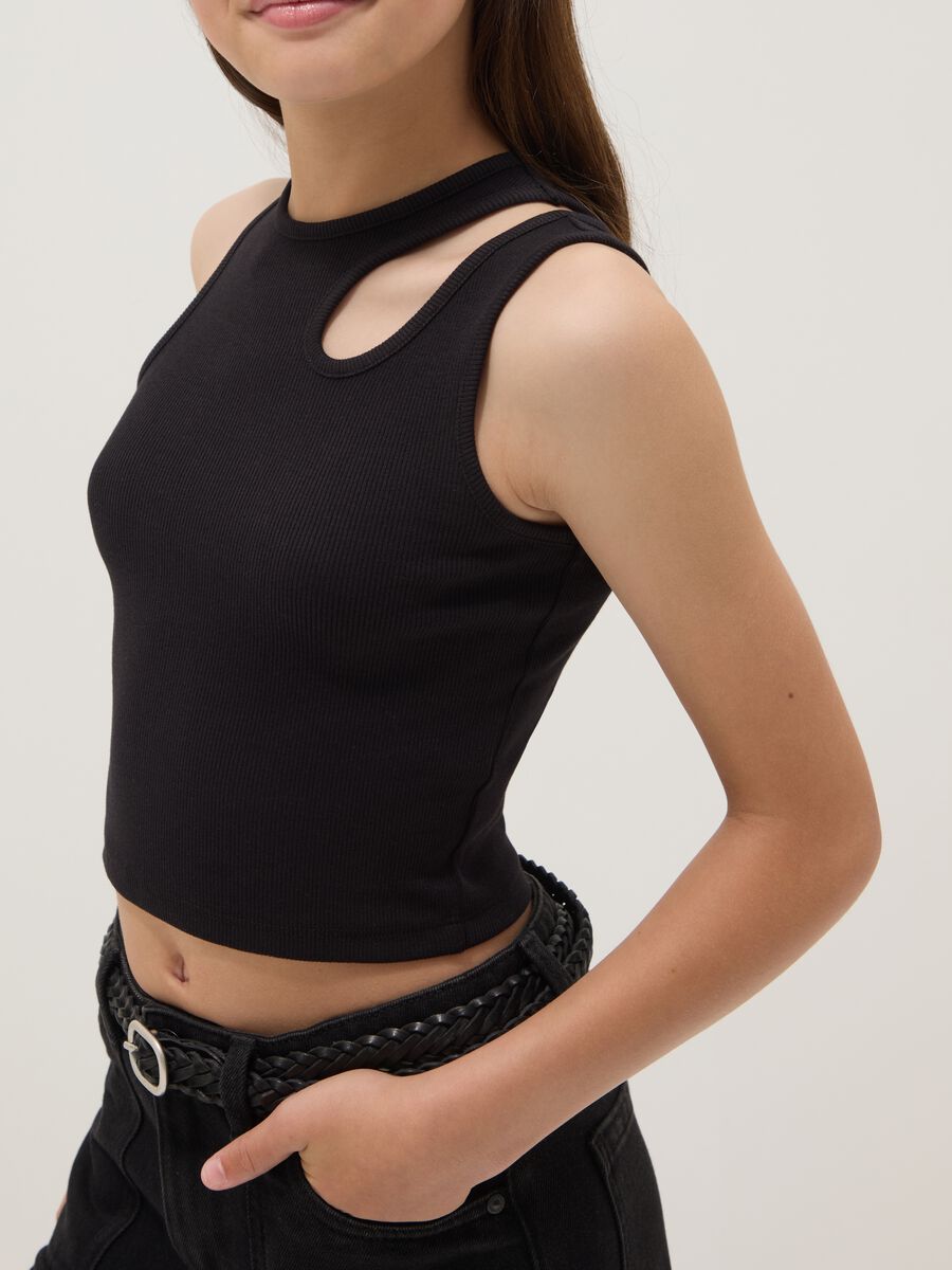 Tank top nero in cotone organico con spalla asimmetrica_2