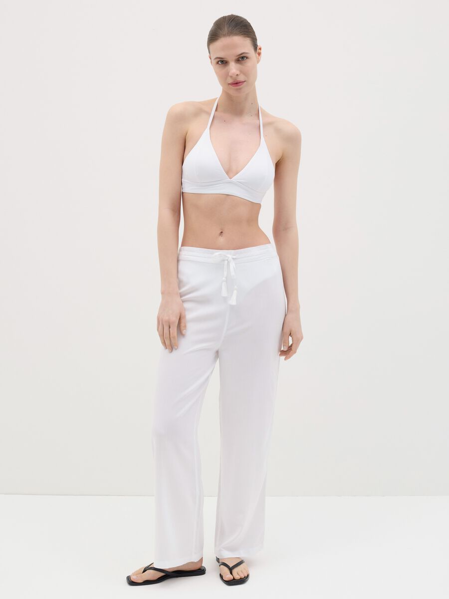 Long white beach cover-up trousers with drawstring_0