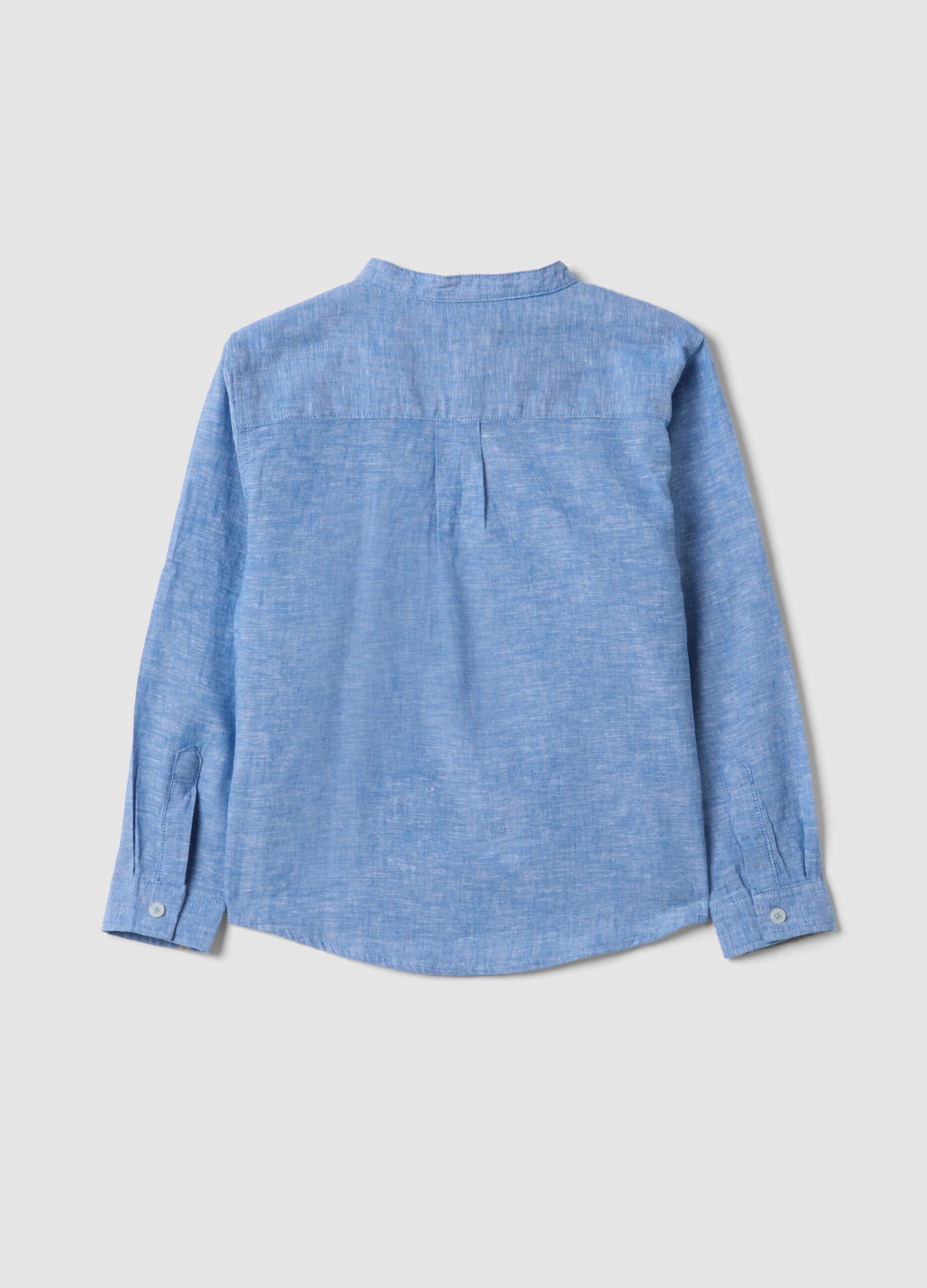 Boys&rsquo; blue linen and cotton-blend shirt with Mandarin collar, regular fit
