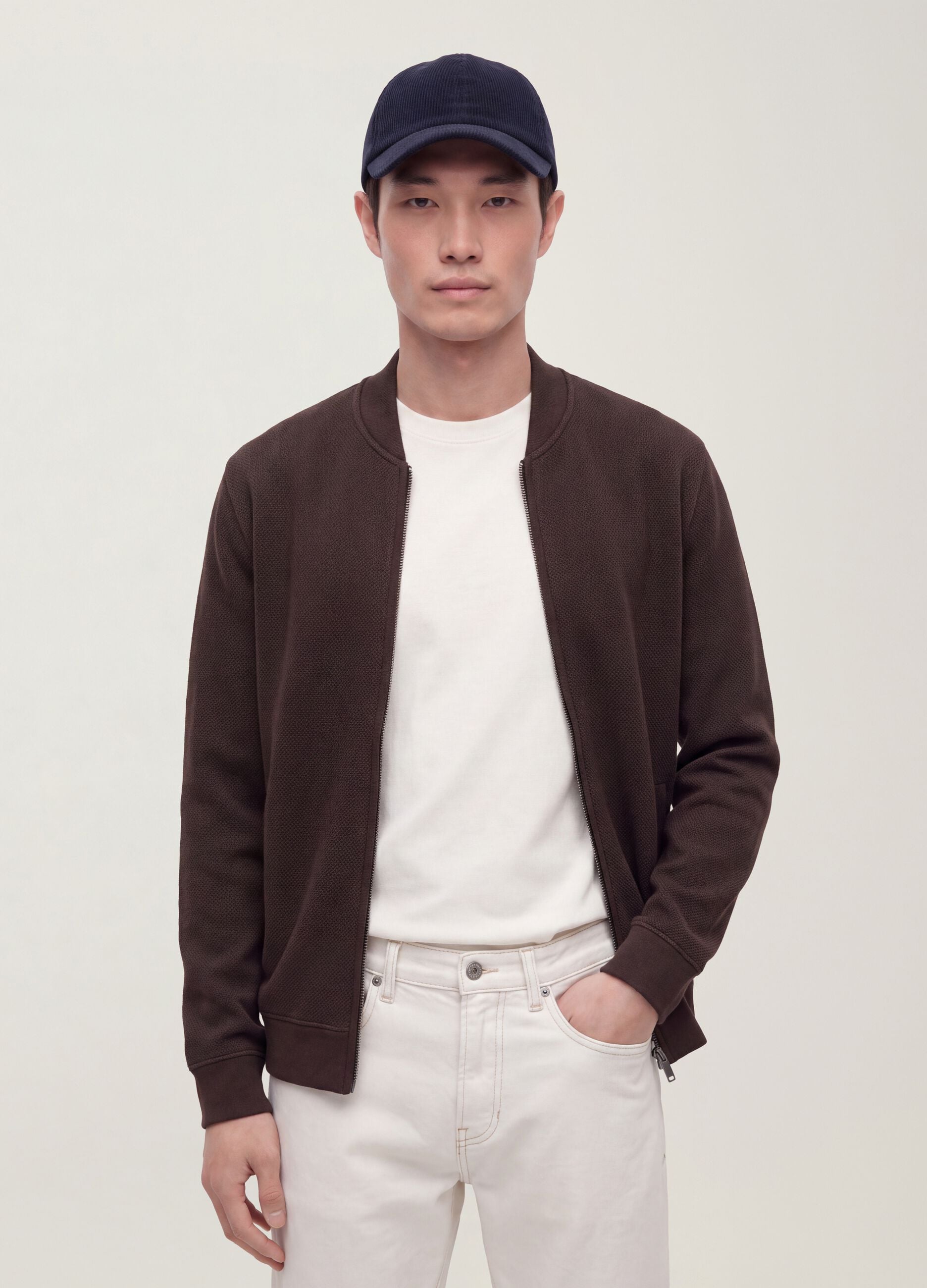 Brown full-zip sweatshirt in stretch piqu&eacute; with ribbed collar