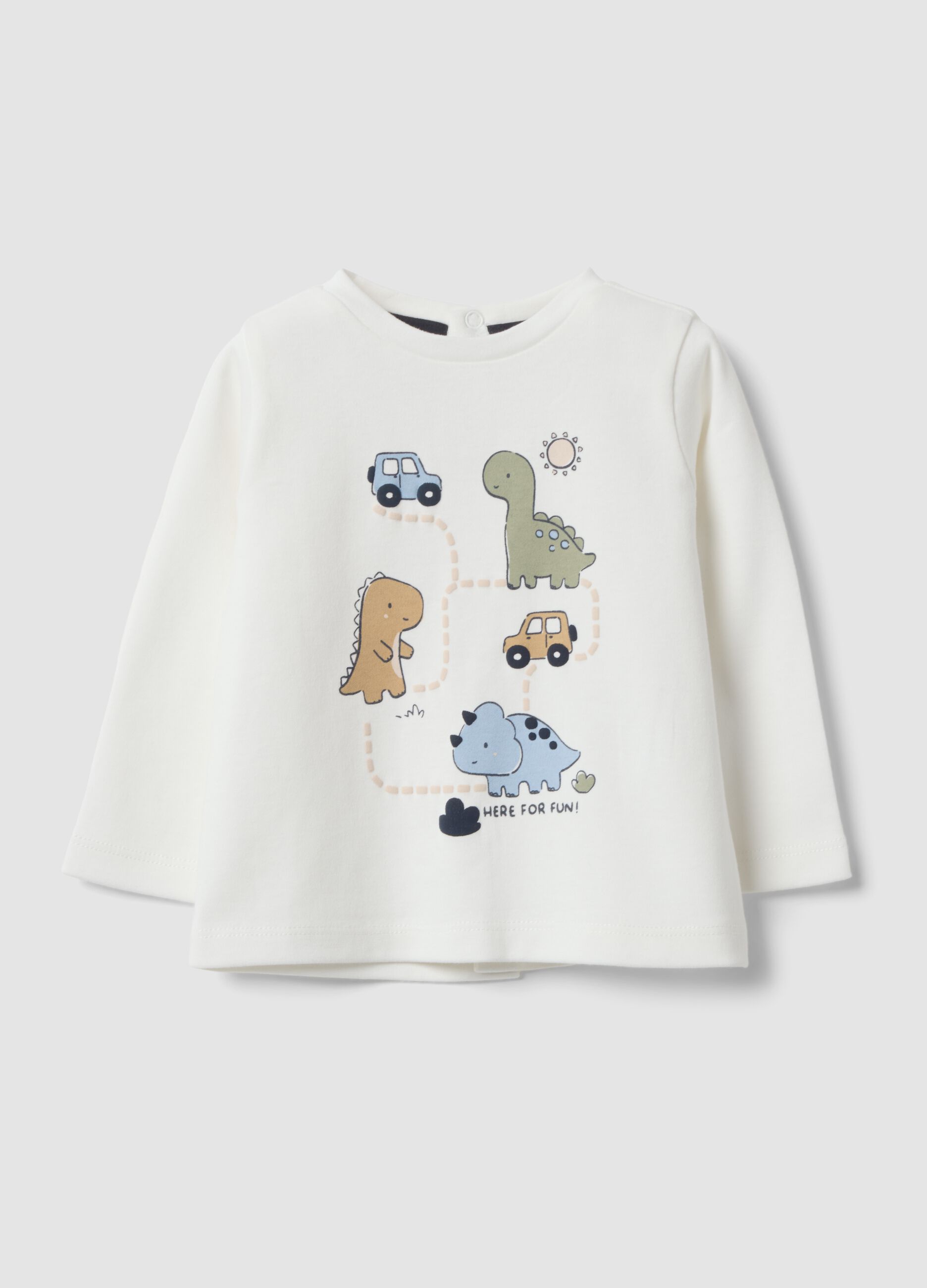 Maglia bianca in puro cotone organico con stampa dinosauri per neonati