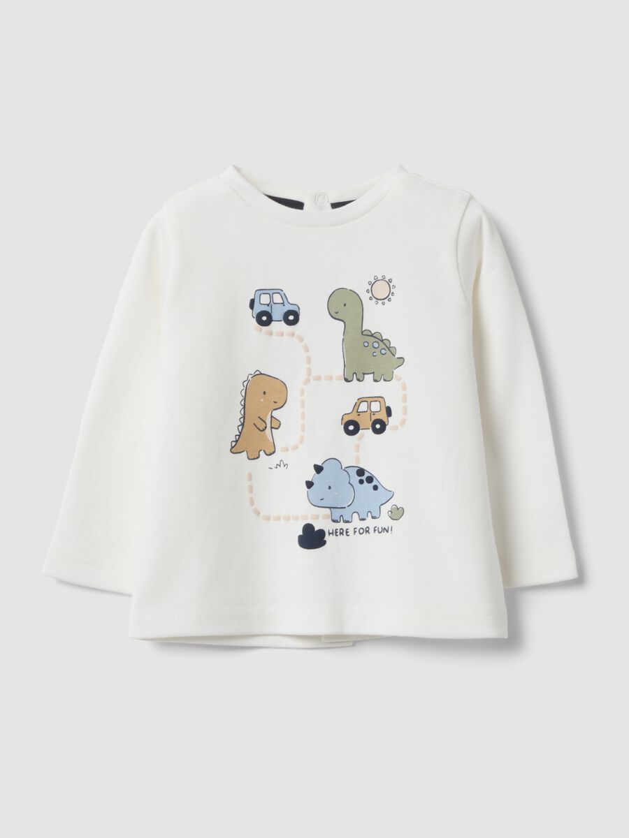 Maglia bianca in puro cotone organico con stampa dinosauri per neonati_0