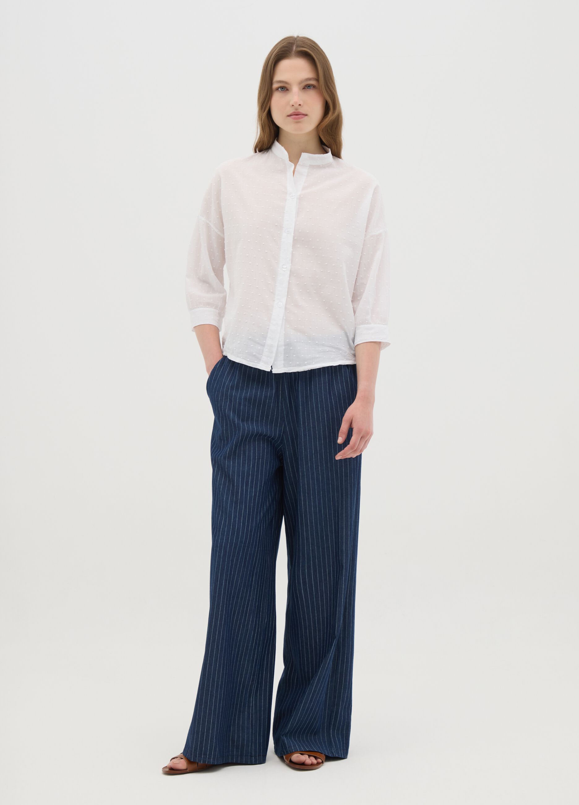 Women's pure cotton blue trousers with regular fit