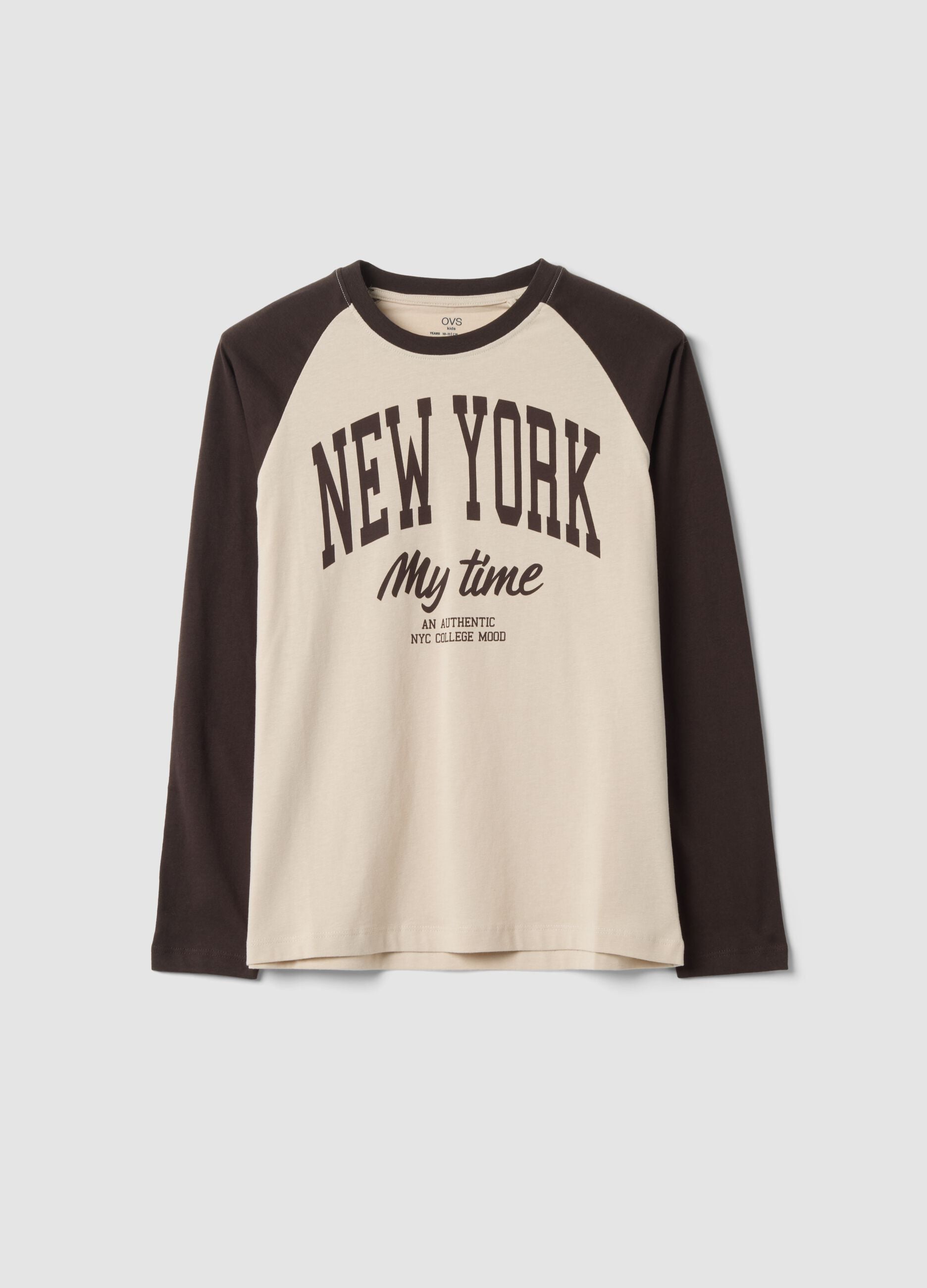 Beige long-sleeve crew-neck T-shirt in pure cotton