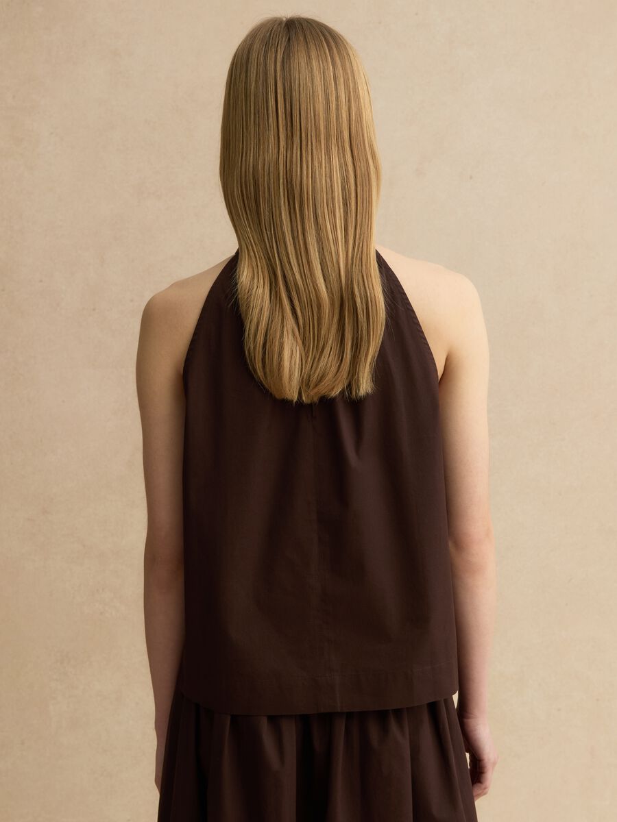 Blusa in puro cotone marrone regular fit con ricami floreali_3