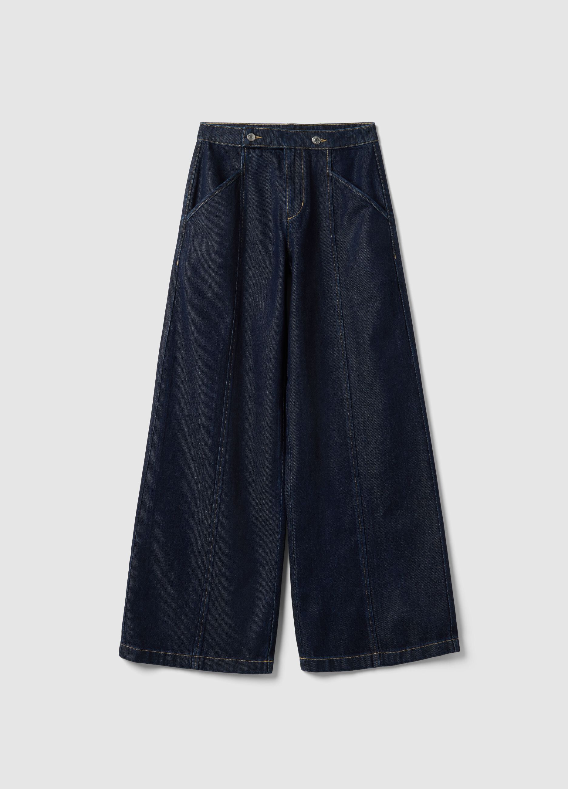Blue Denim Wide Leg Trousers in Cotton Blend