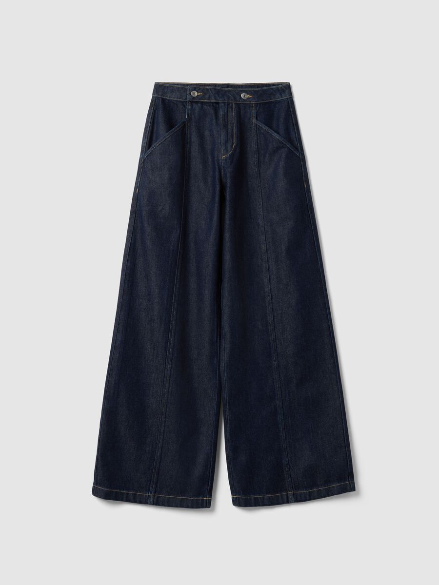 Blue Denim Wide Leg Trousers in Cotton Blend_0