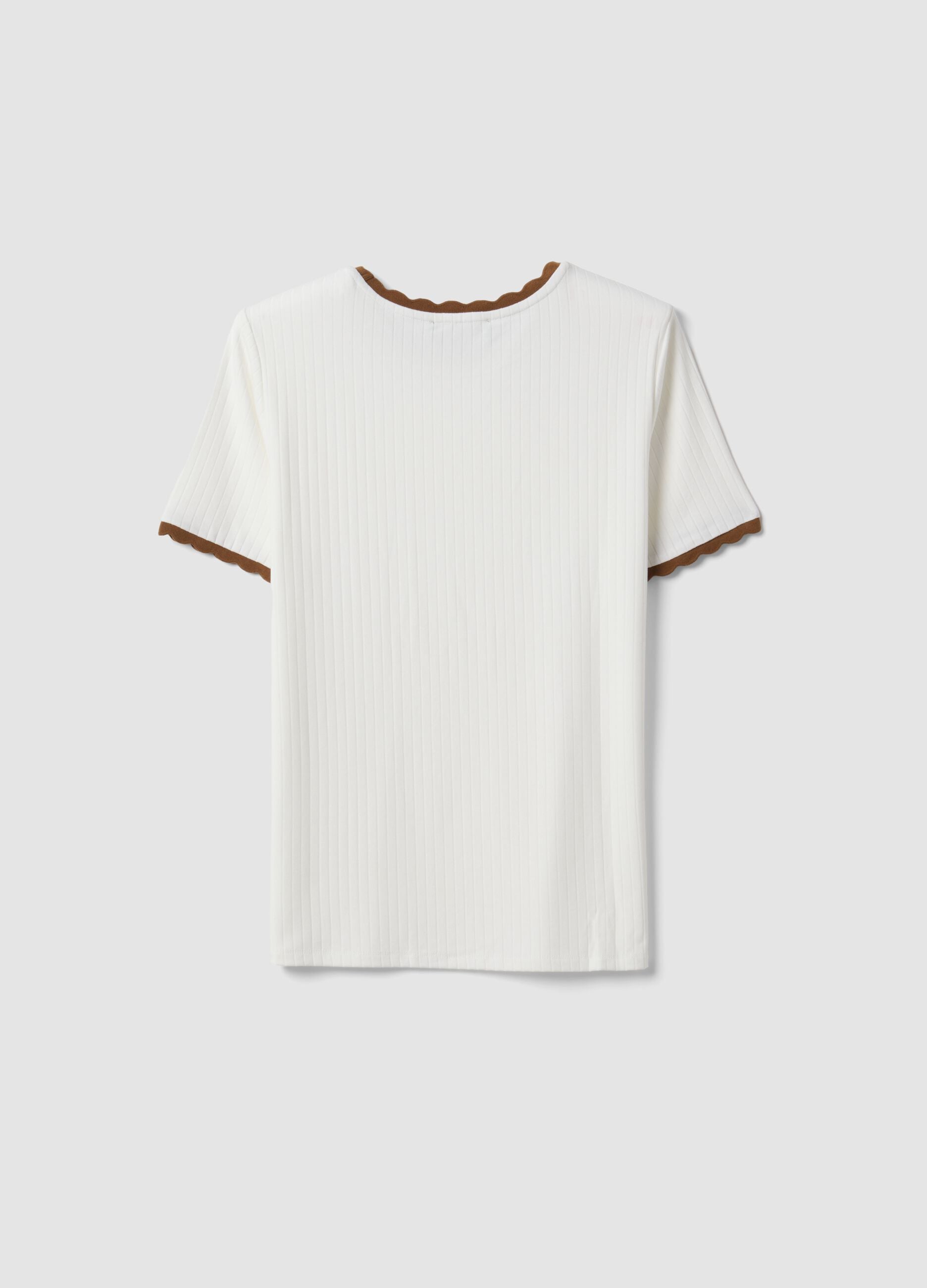 White stretch viscose crew-neck T-shirt with contrast trims