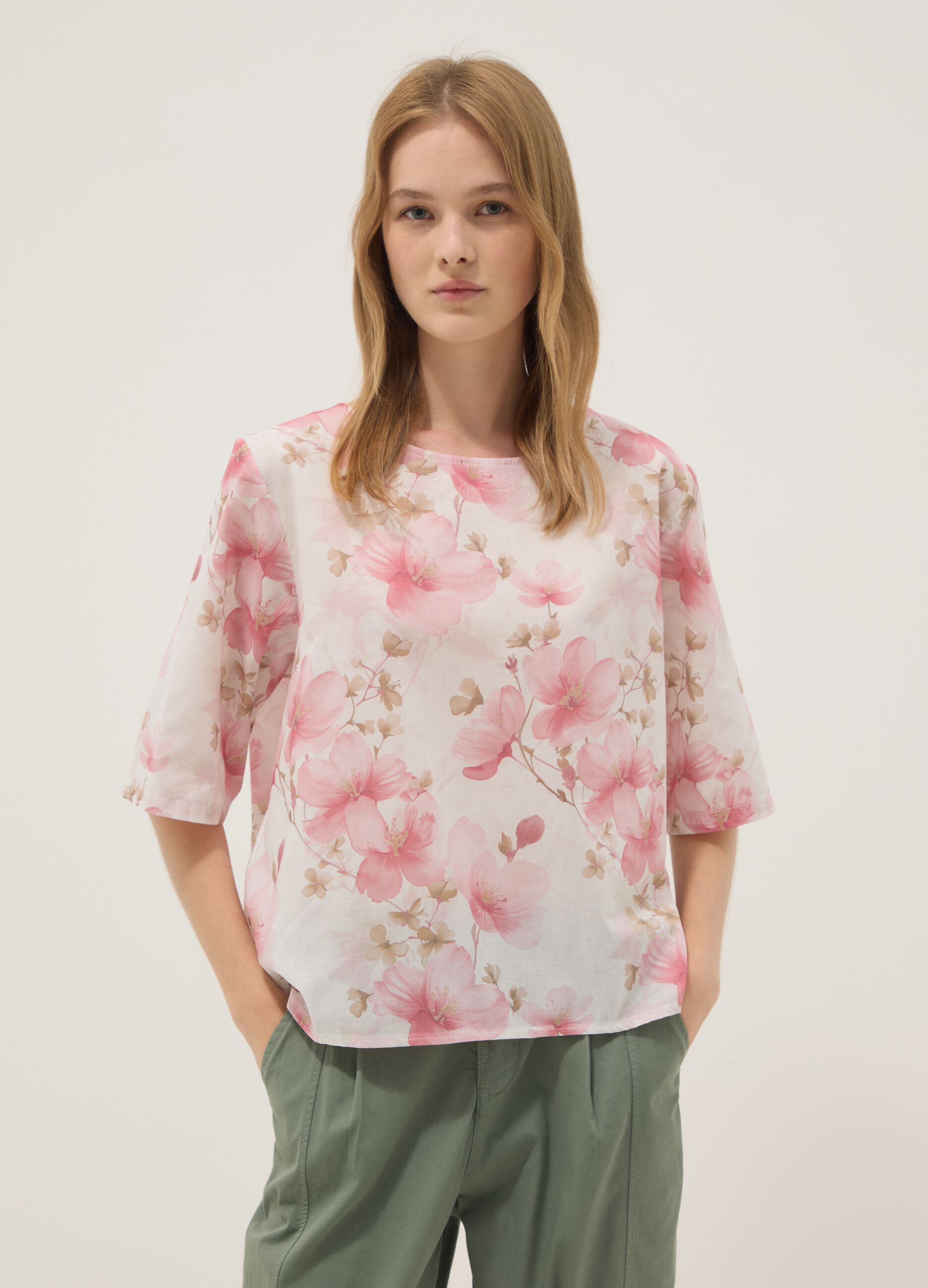 Pink pure cotton top with floral print