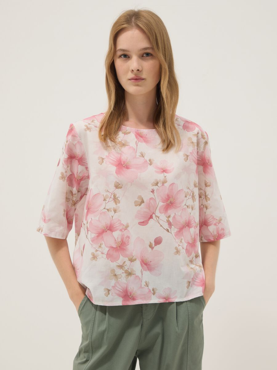 Pink pure cotton top with floral print_1