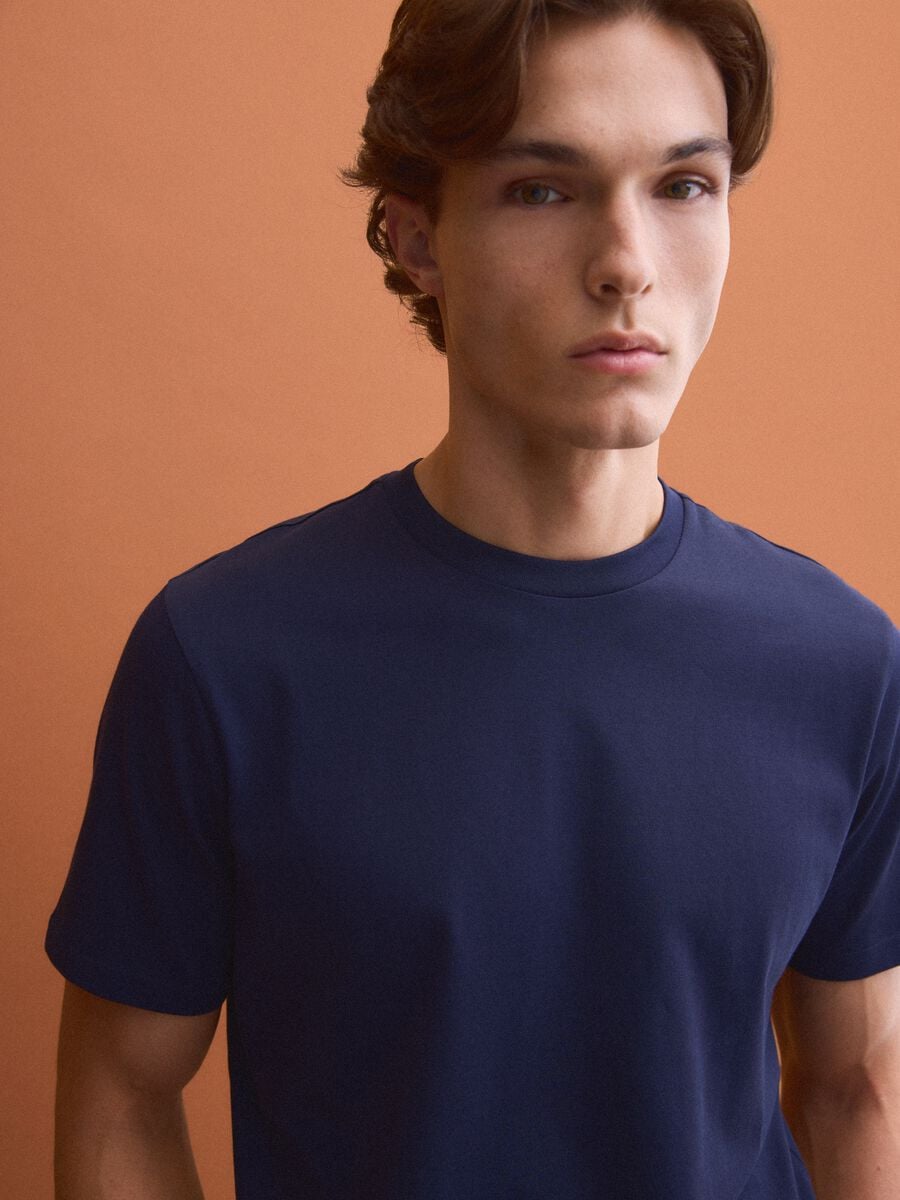 Blue pure cotton crew-neck T-shirt, regular fit_0