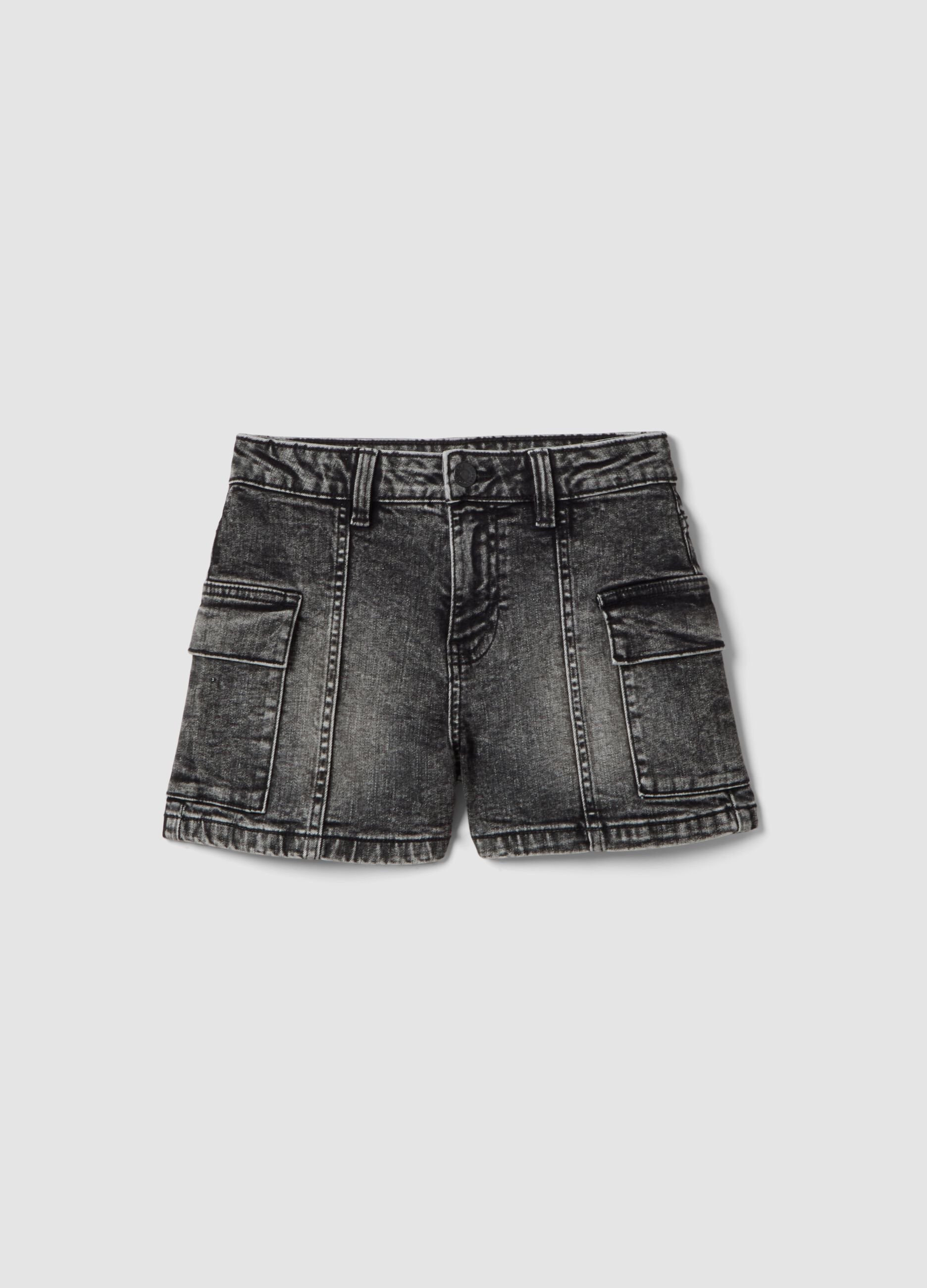 Girls&rsquo; slim-fit grey cargo denim shorts in stretch cotton