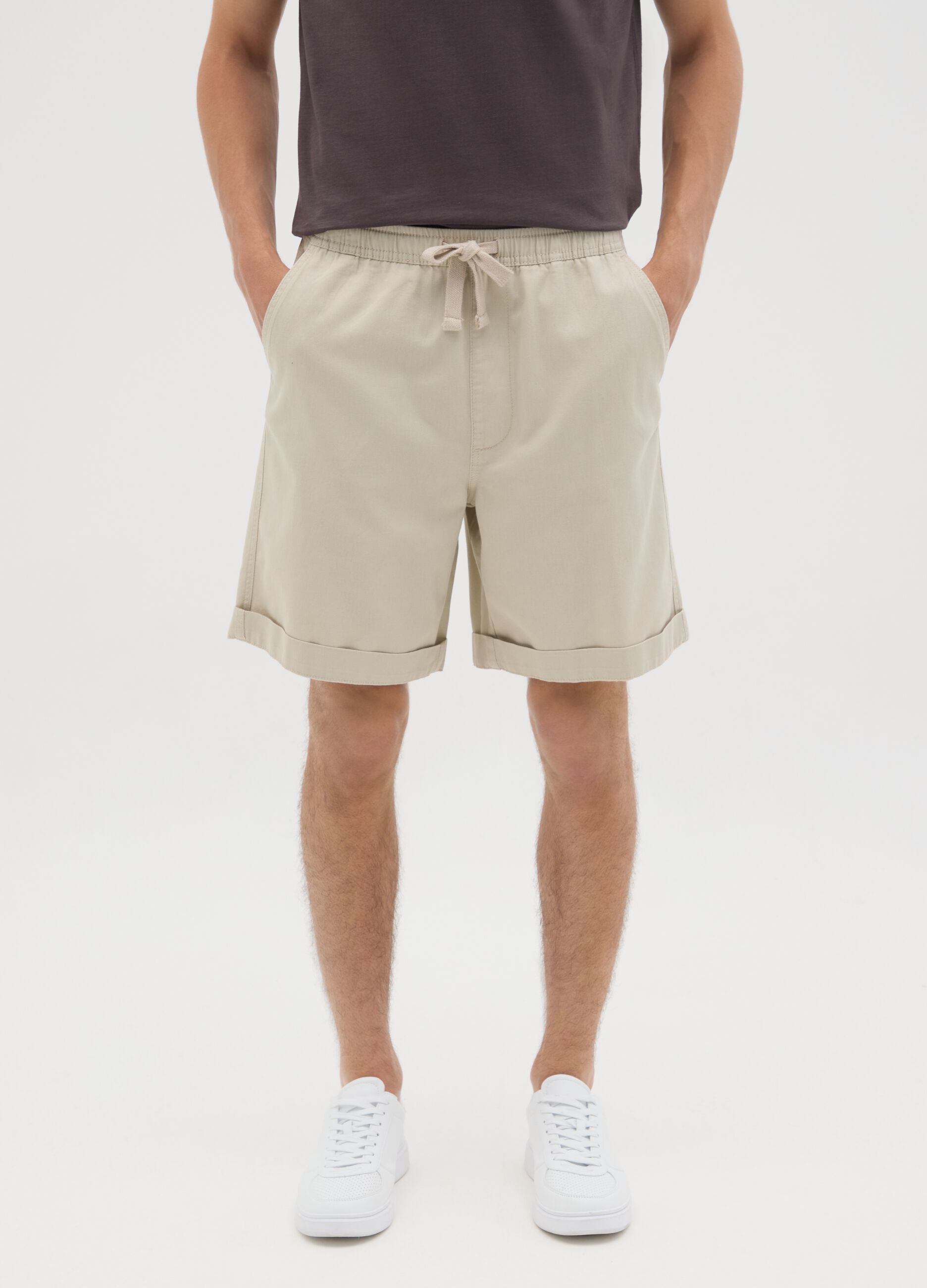 Men's beige pure cotton bermuda shorts, regular fit