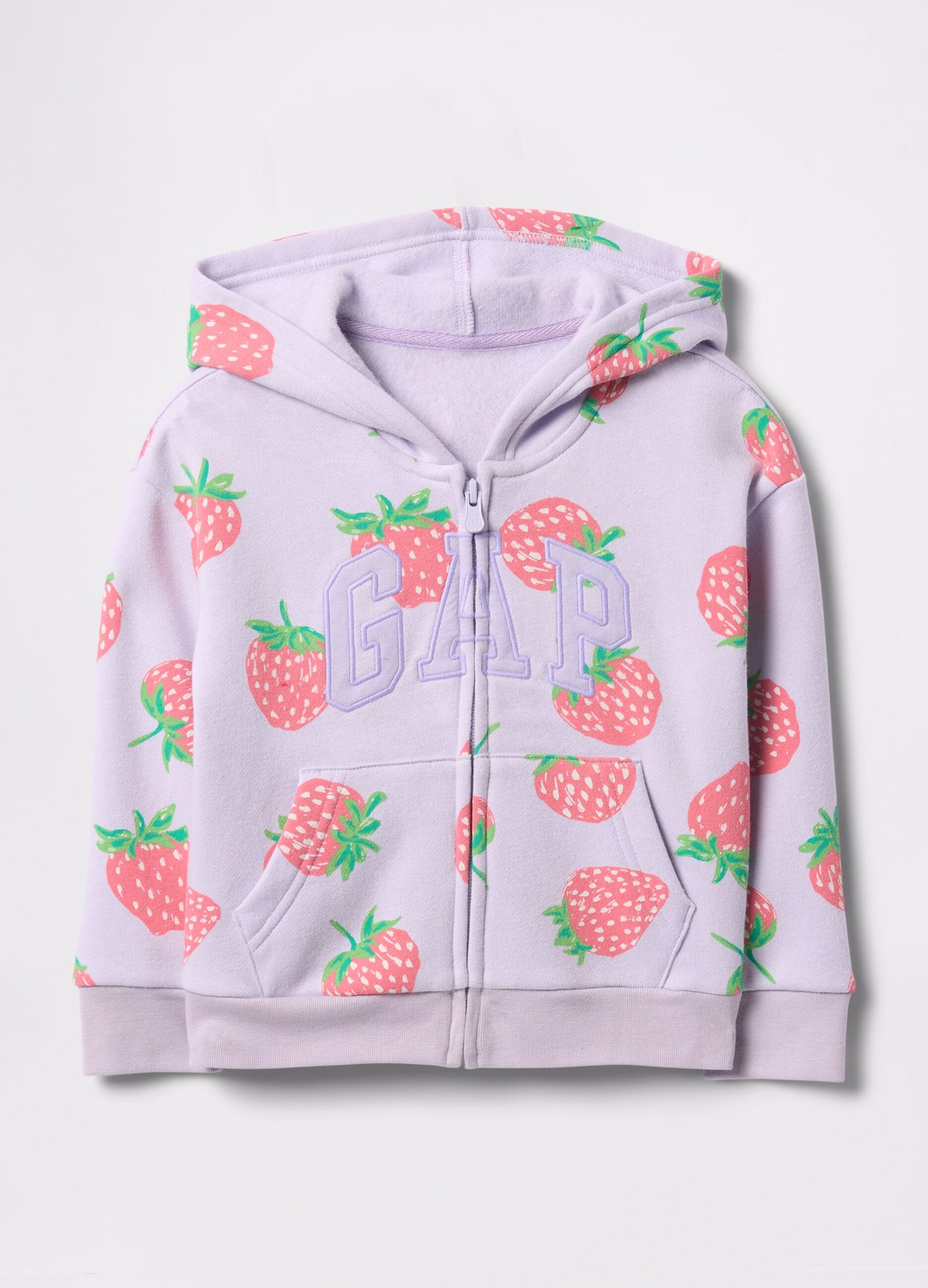 Purple full-zip sweatshirt with hood, strawberries print and logo embroidery