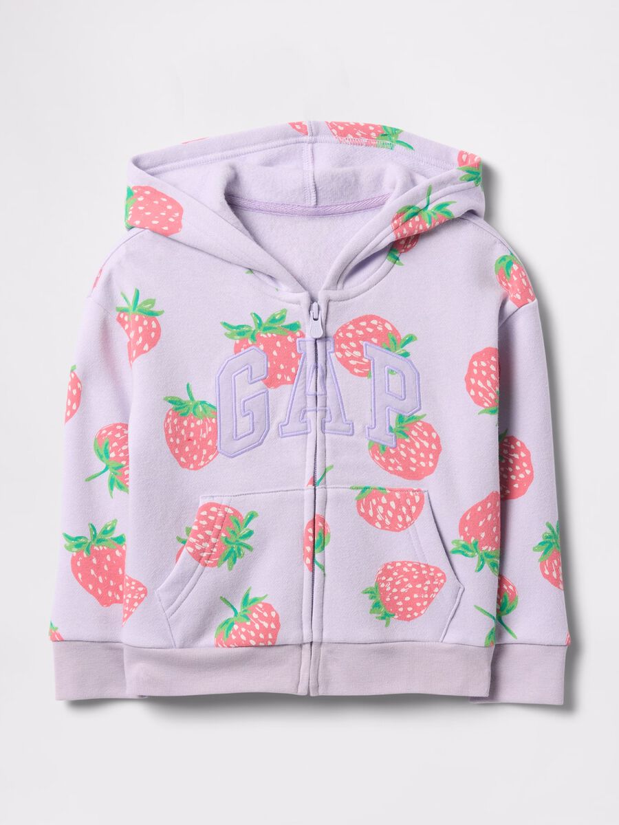 Purple full-zip sweatshirt with hood, strawberries print and logo embroidery_0