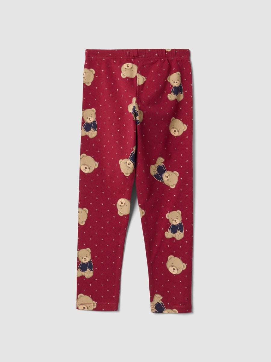 Leggings rossi in cotone organico elasticizzato con stampa orsetti per bambina_1