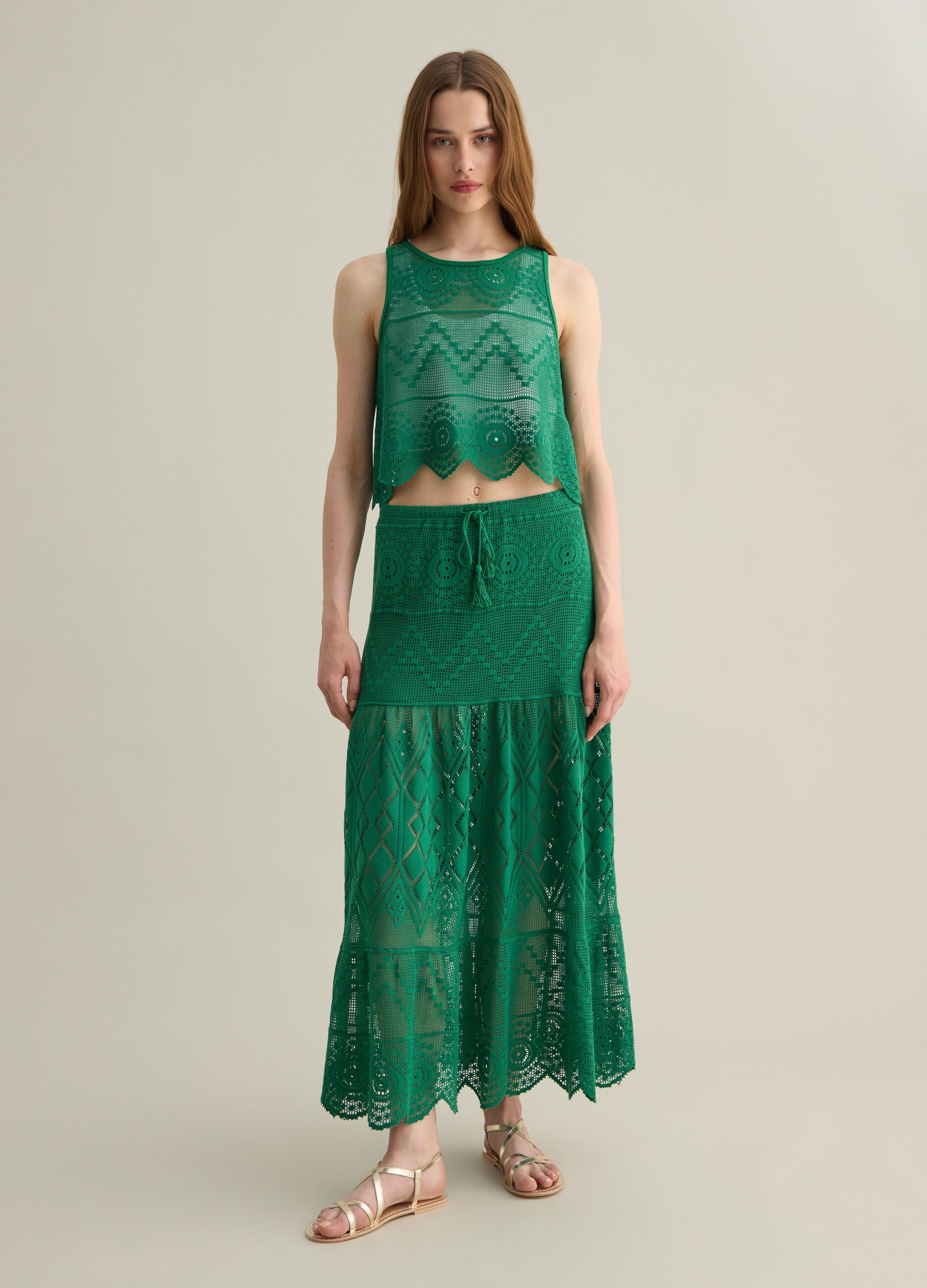Canotta da donna in misto cotone verde regular fit con motivo crochet