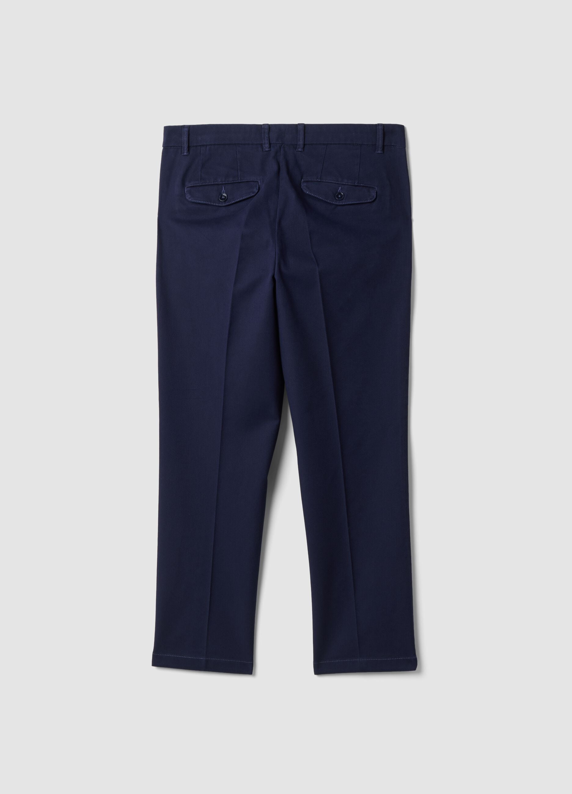 Blue stretch cotton twill chino trousers, regular tapered fit