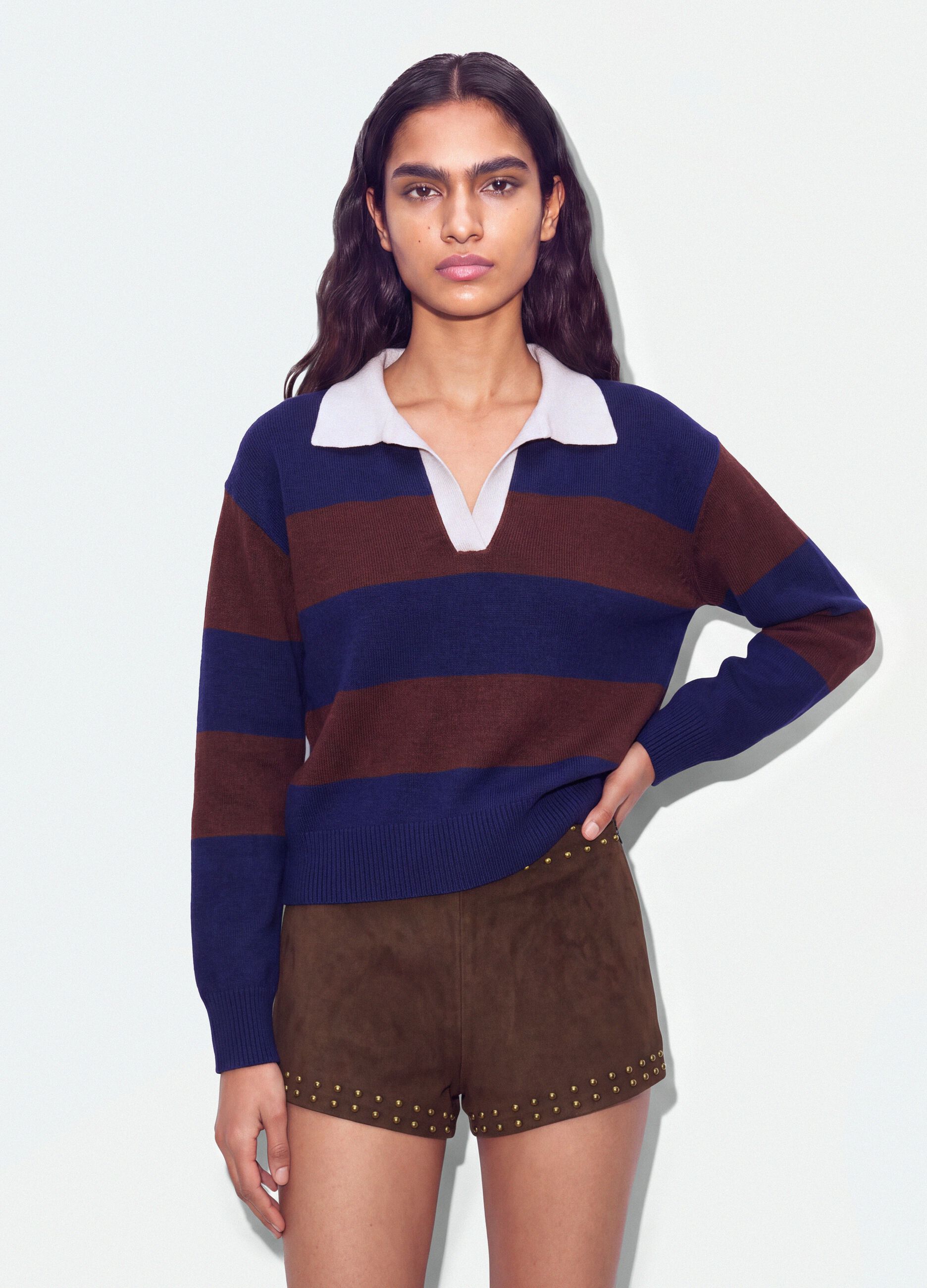 Blue striped viscose-blend polo-collar top, regular fit