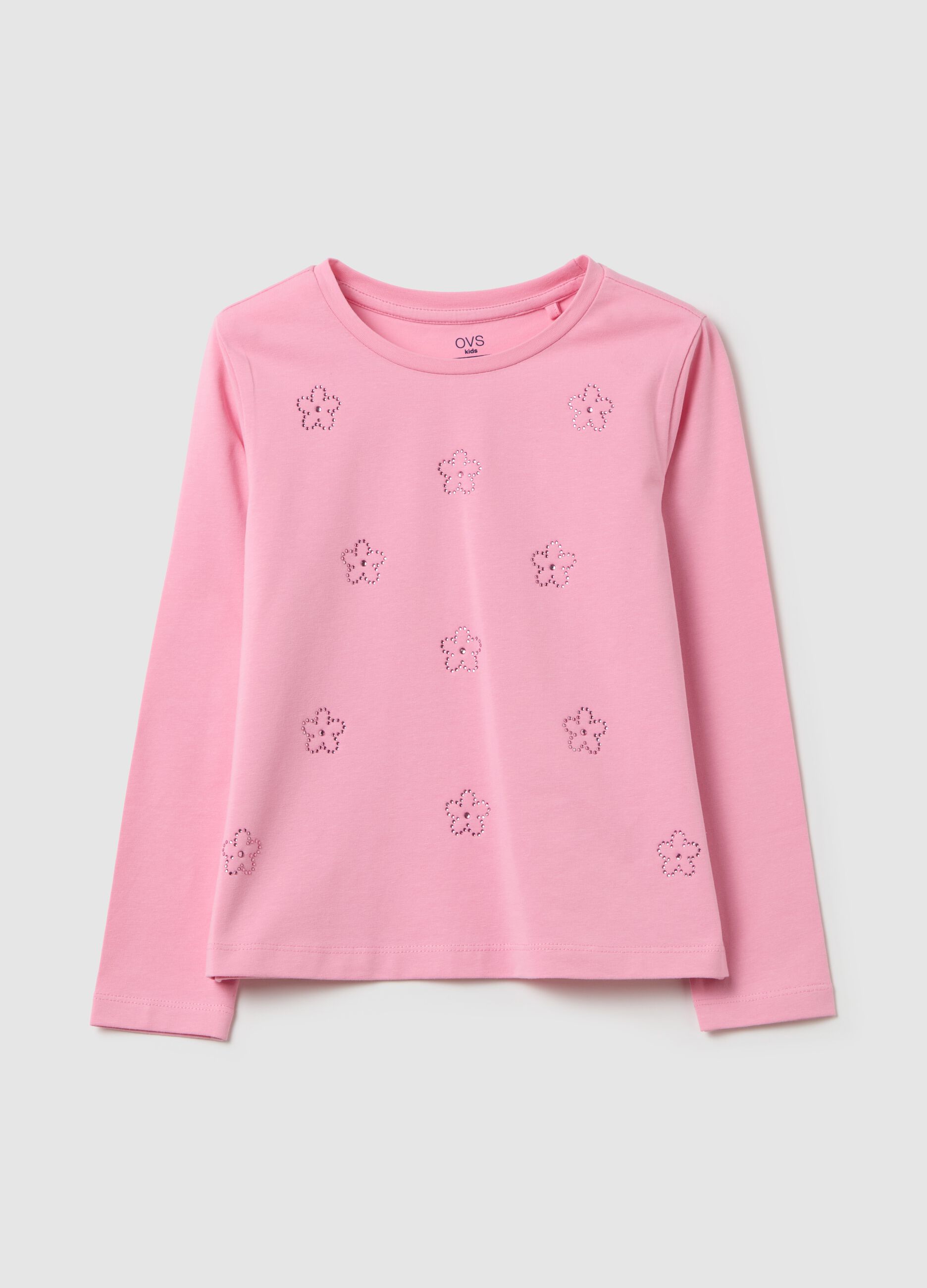 Long-sleeved T-shirt with diamanté flowers