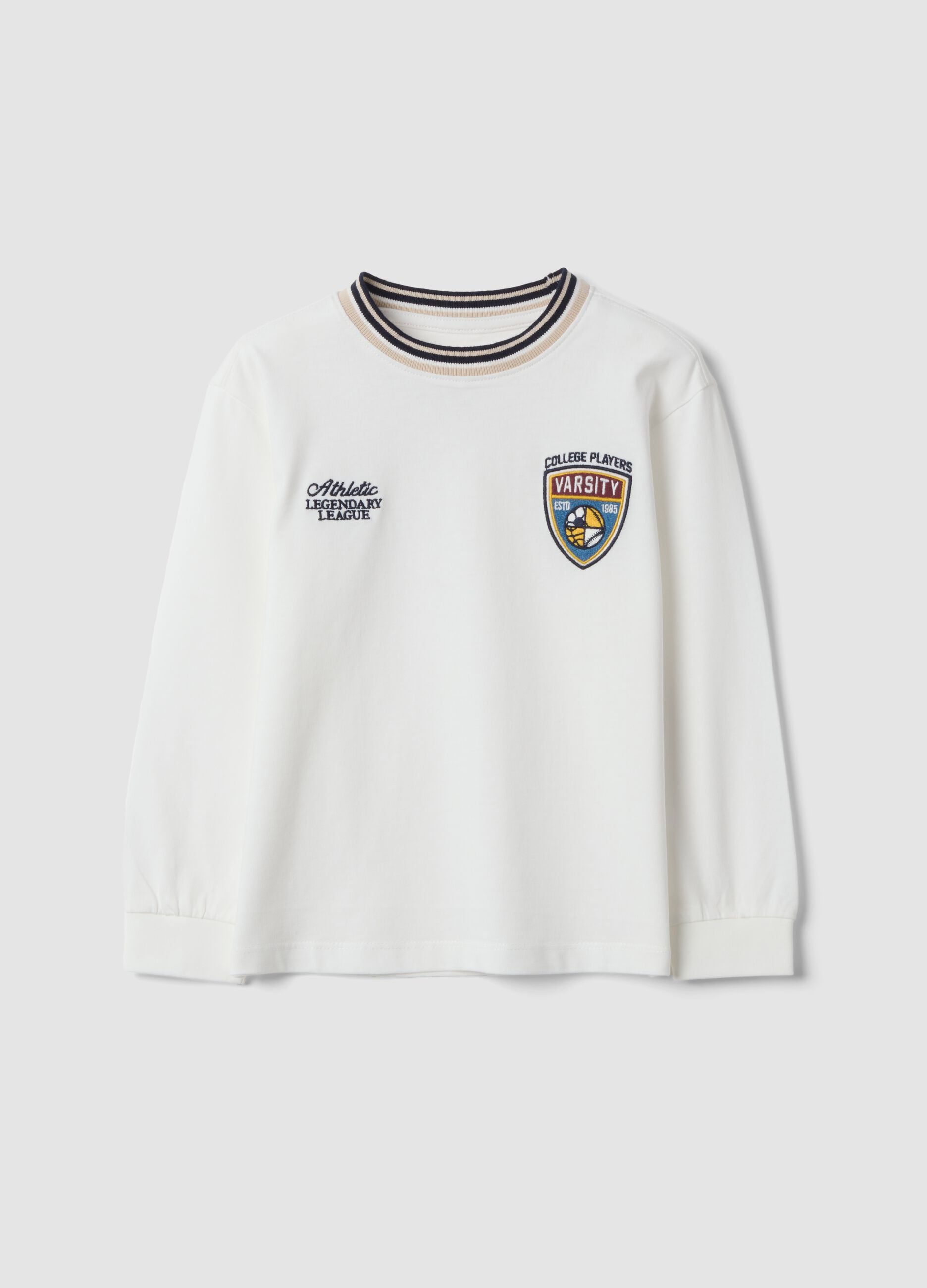 White pure cotton T-shirt with striped crew neck