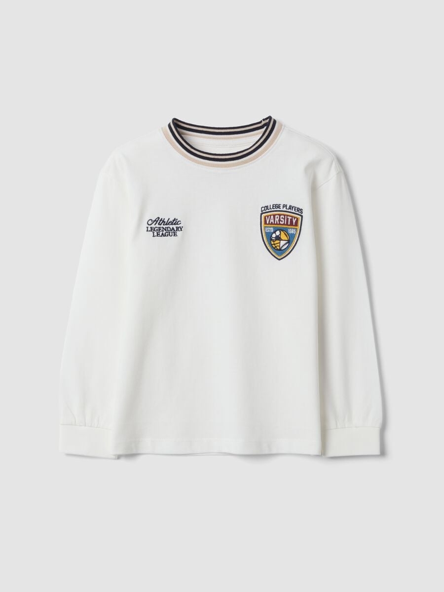 T-shirt bianca in puro cotone con girocollo a righe_0