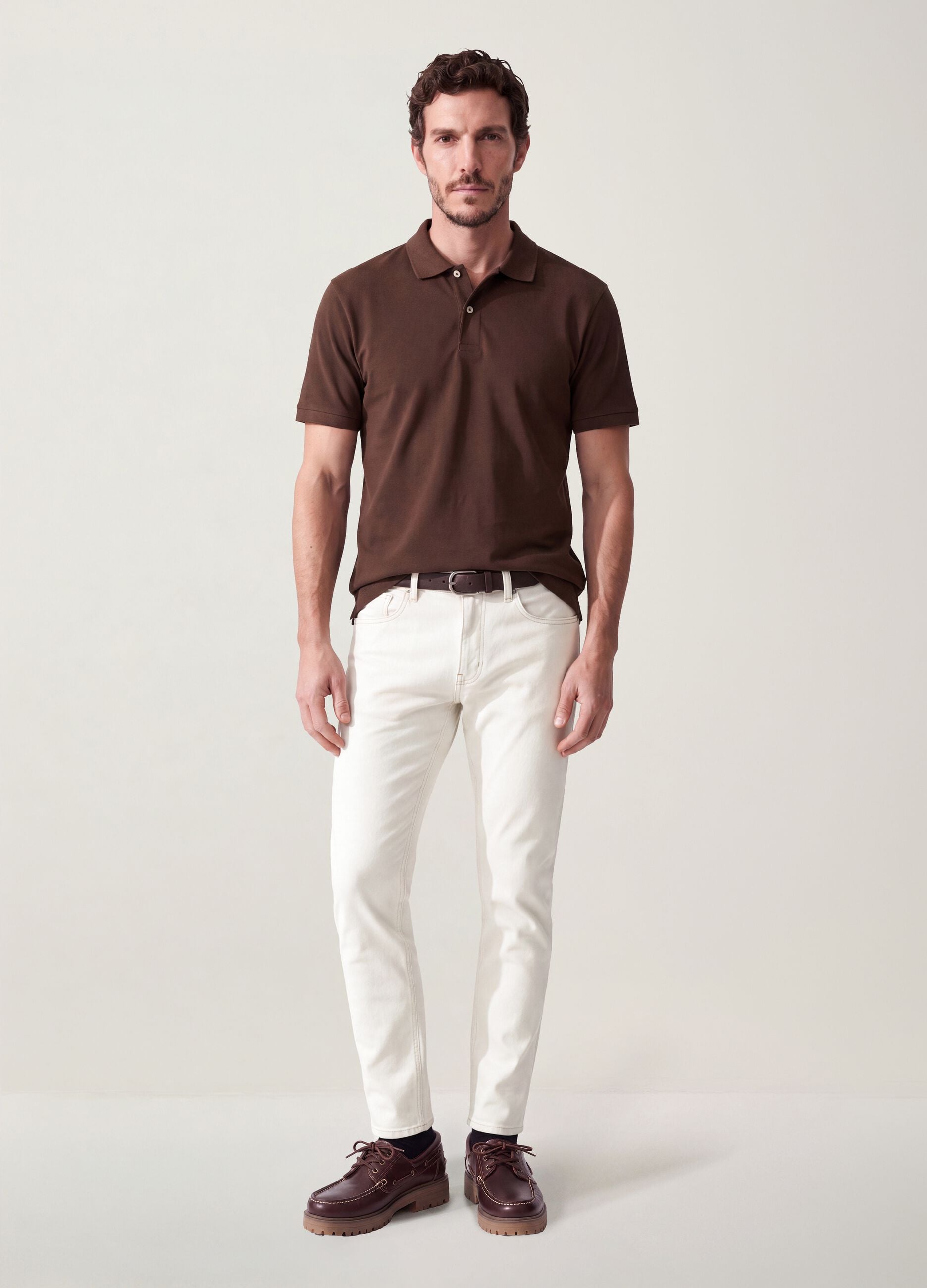 Brown pure cotton piqu&eacute; polo with classic collar, regular fit