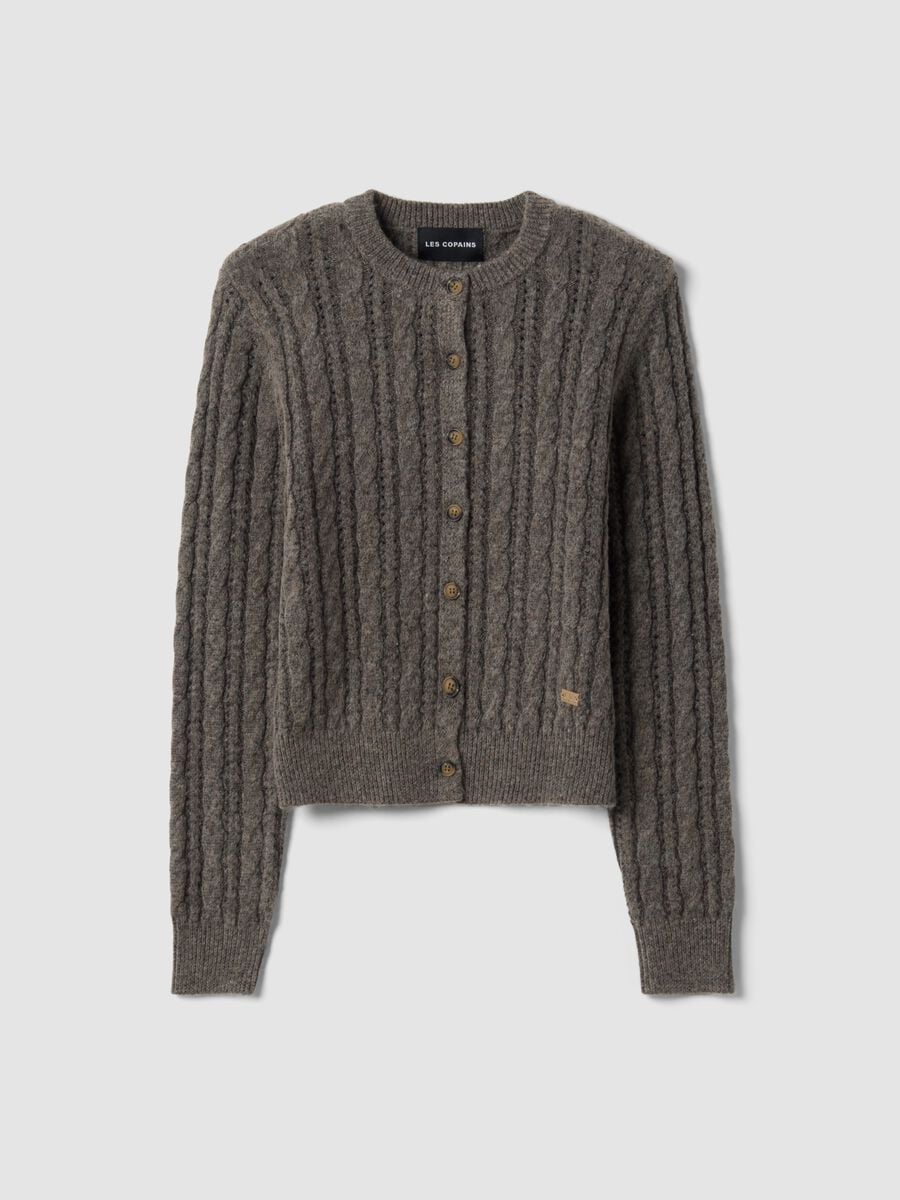 Cardigan grigio in misto lana a trecce_0