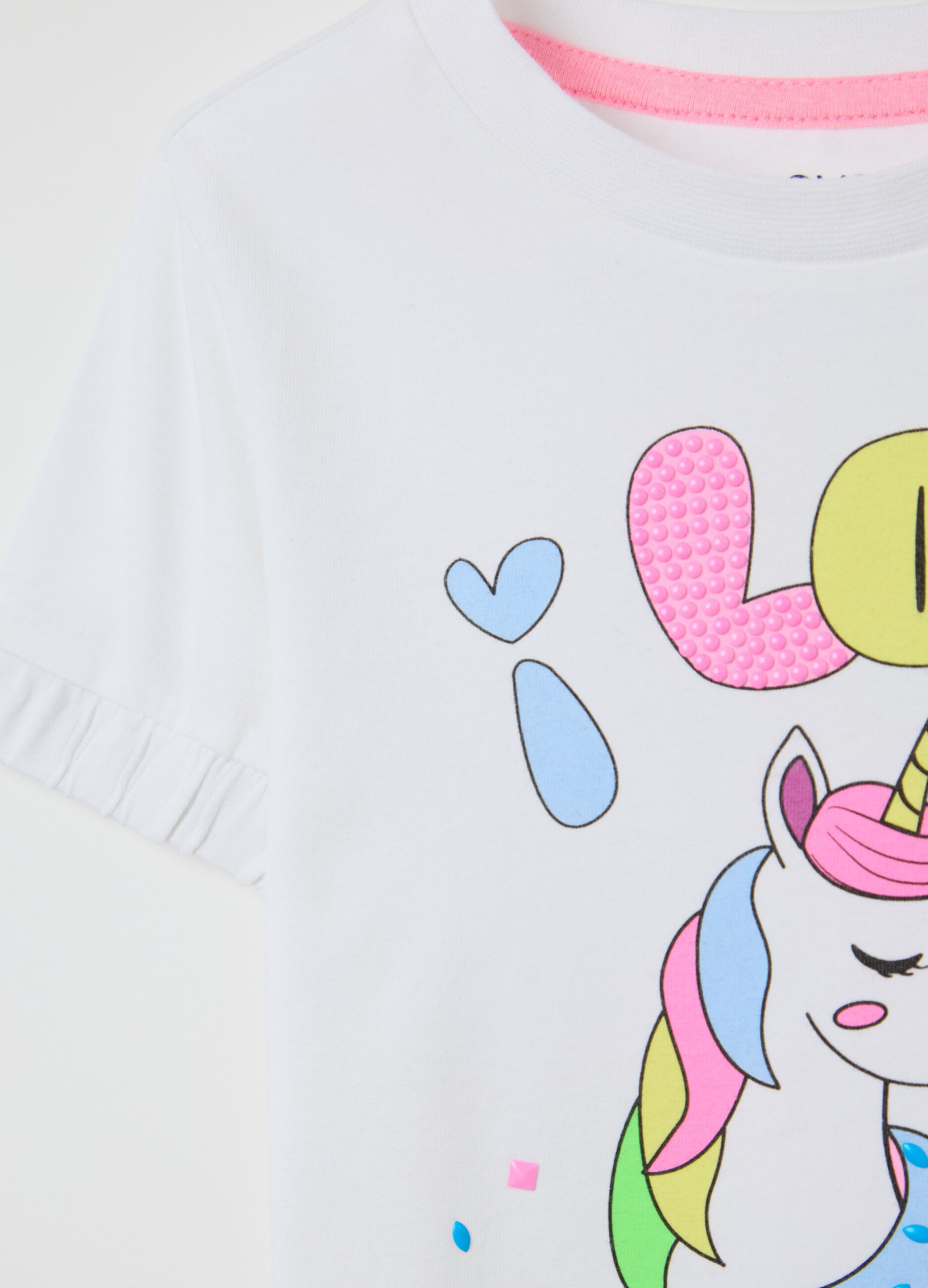 White stretch cotton T-shirt with unicorn print