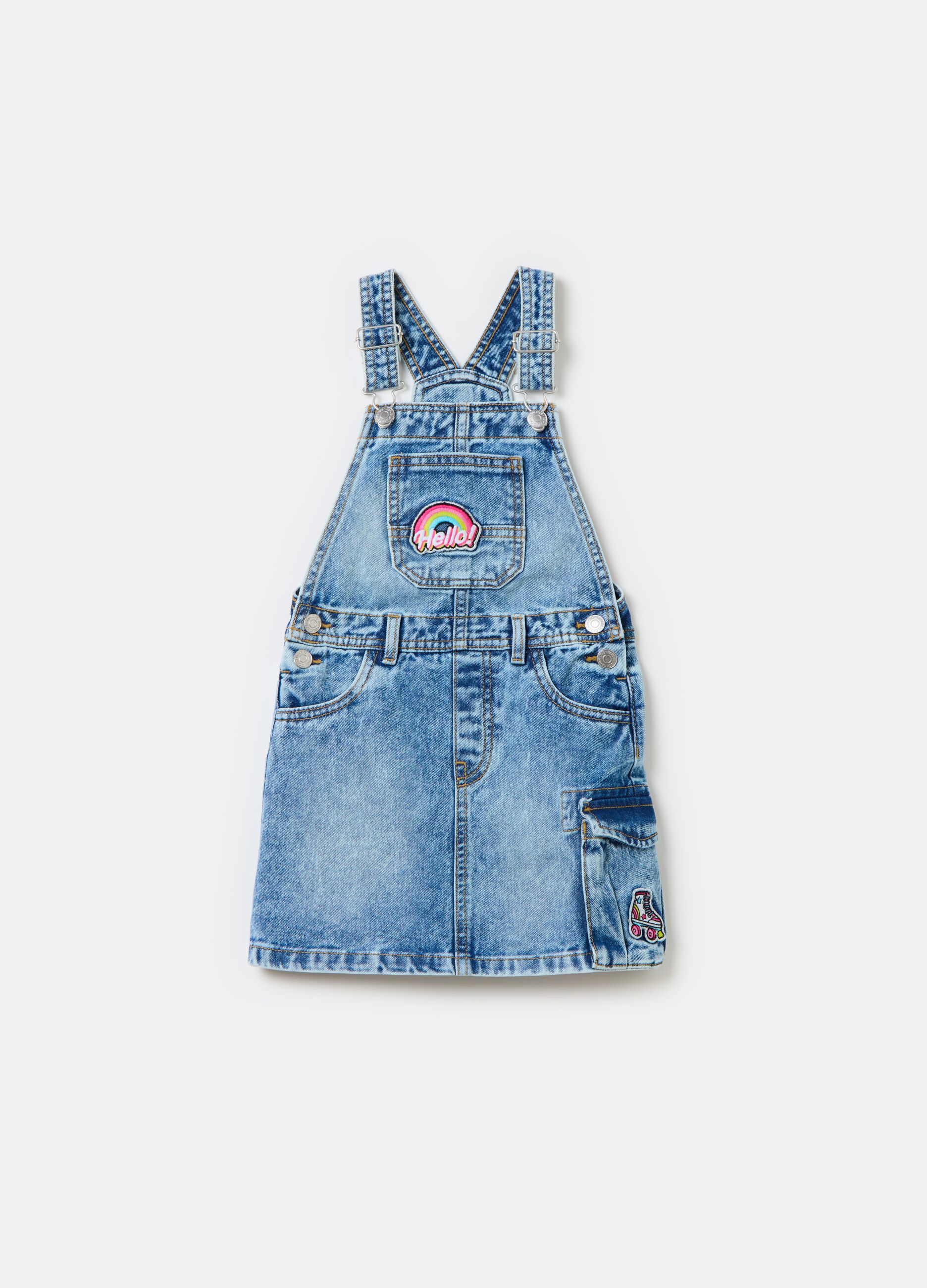 Salopette gonna in denim con patch