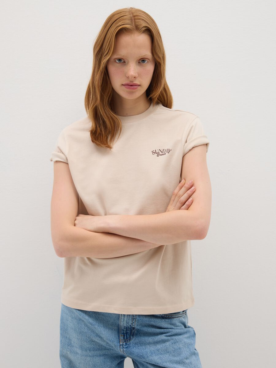 Beige pure cotton T-shirt relaxed fit with emblem_0
