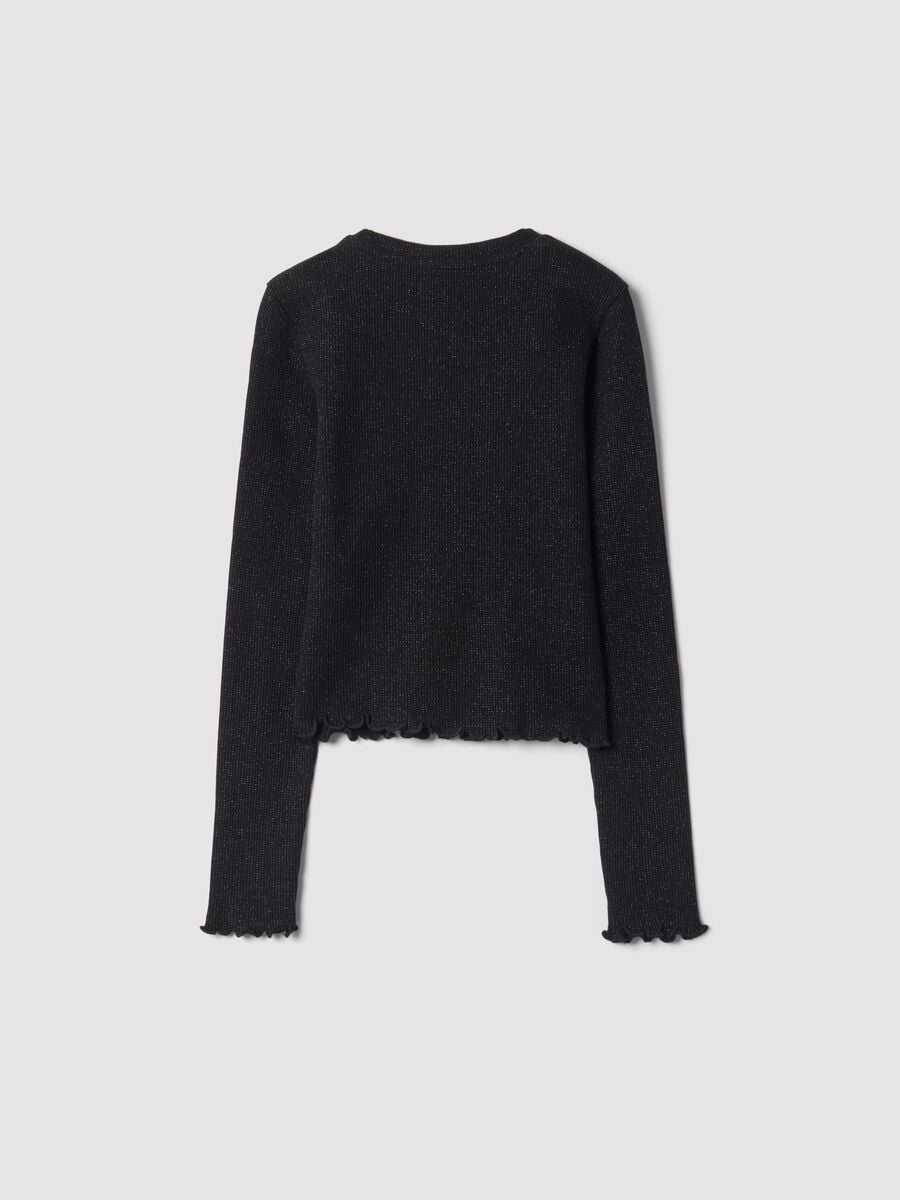 T-shirt nera girocollo in misto cotone a costine_1