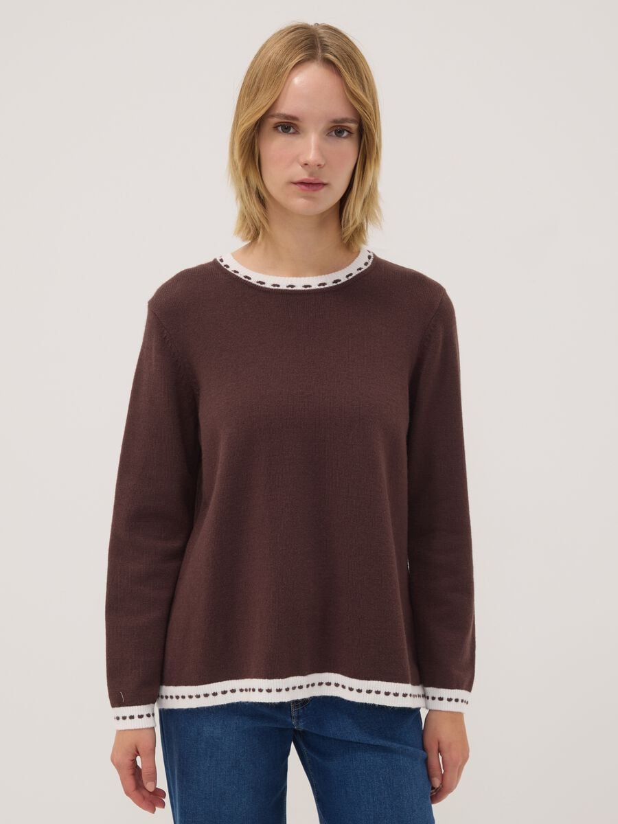 Dark brown regular-fit viscose-blend jumper with contrasting trim_0