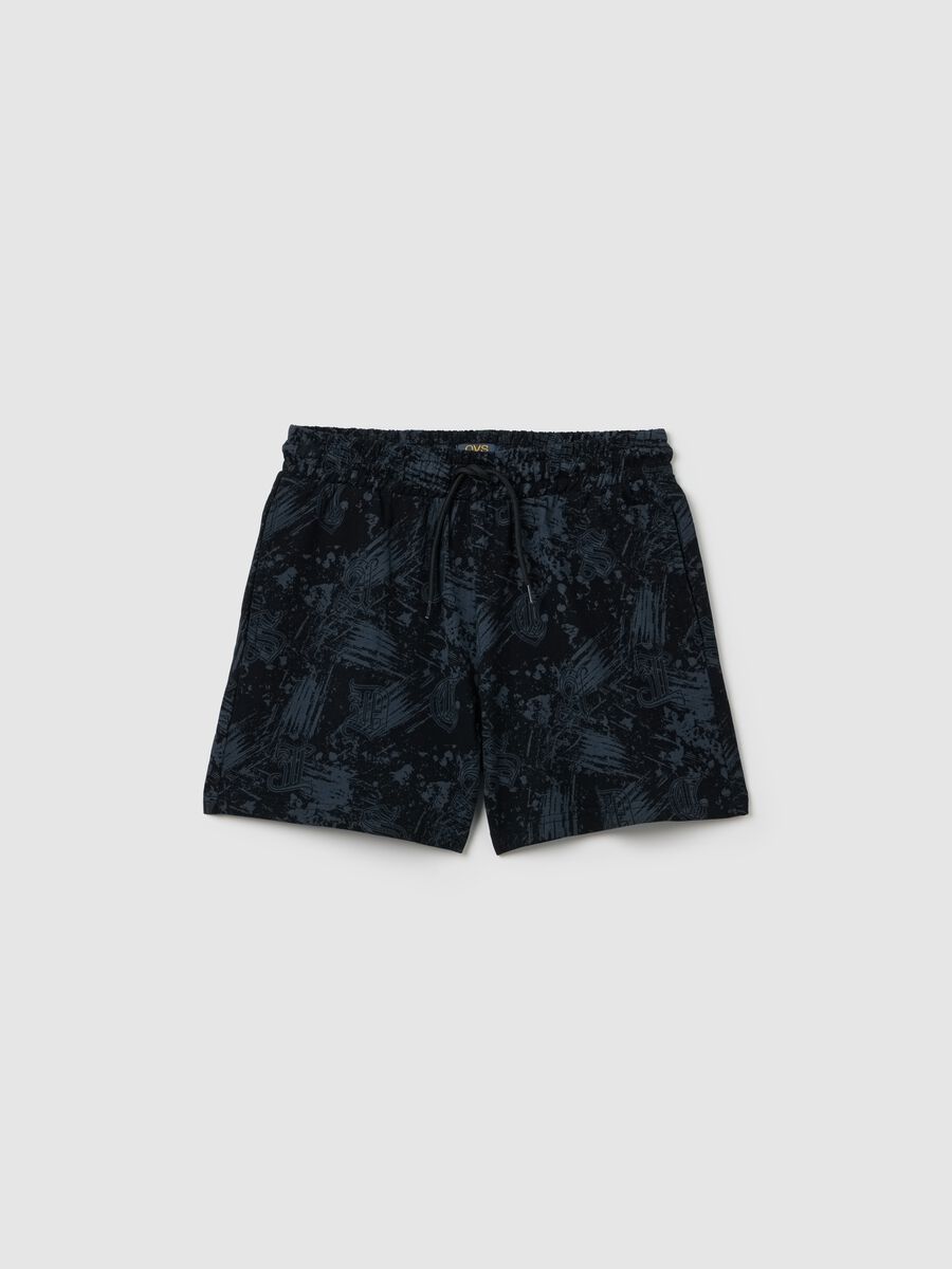Black cotton shorts with drawstring and abstract print_0