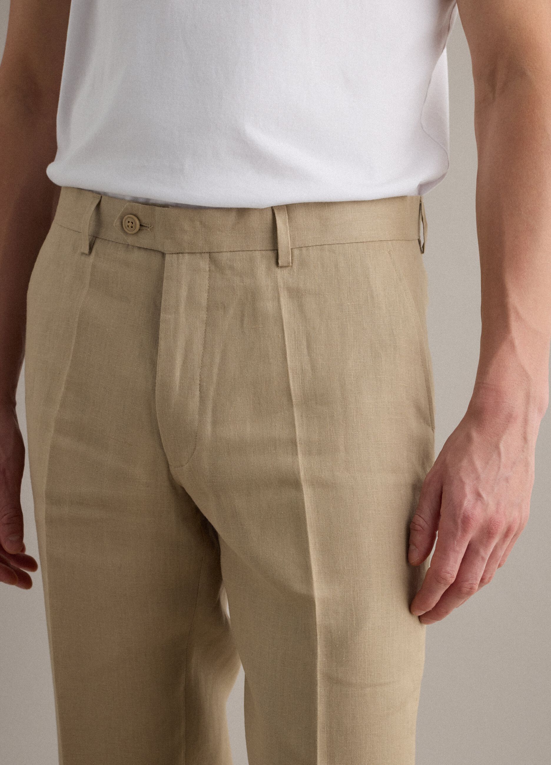 Beige slim-fit pure linen trousers