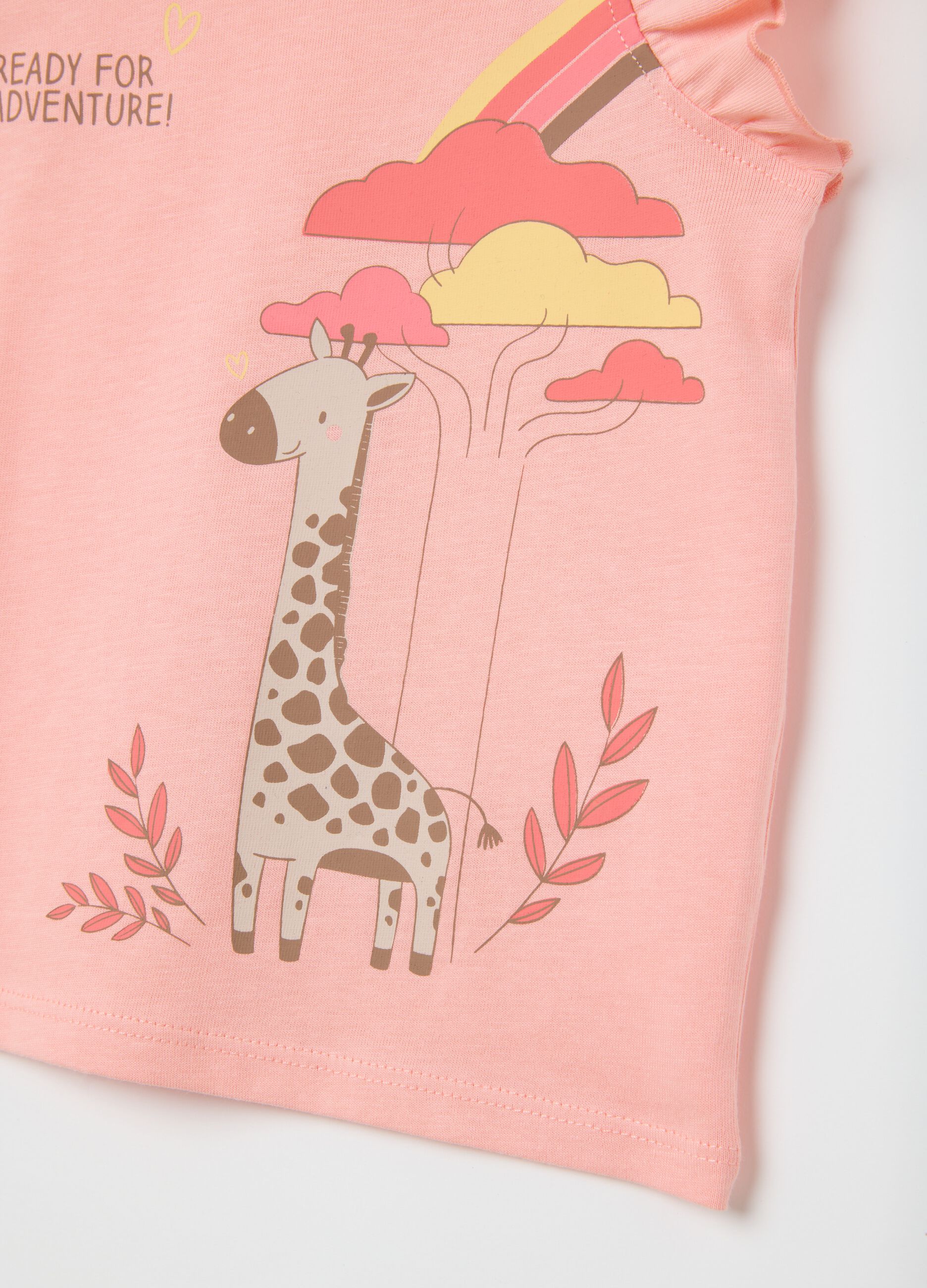Pink regular-fit pure cotton girl's top with ruffled sleeves and print