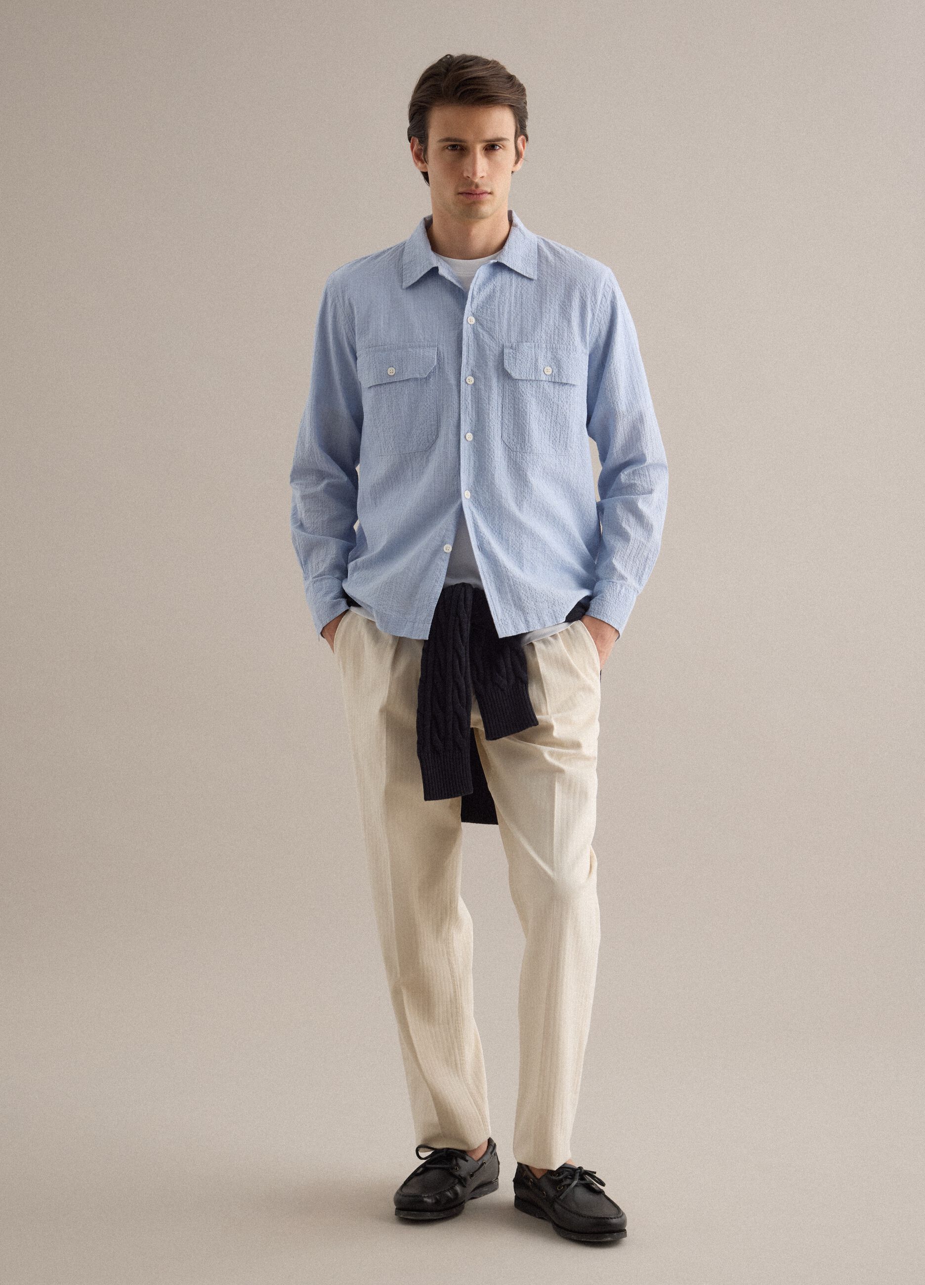 Blue stretch cotton long sleeve shirt regular fit