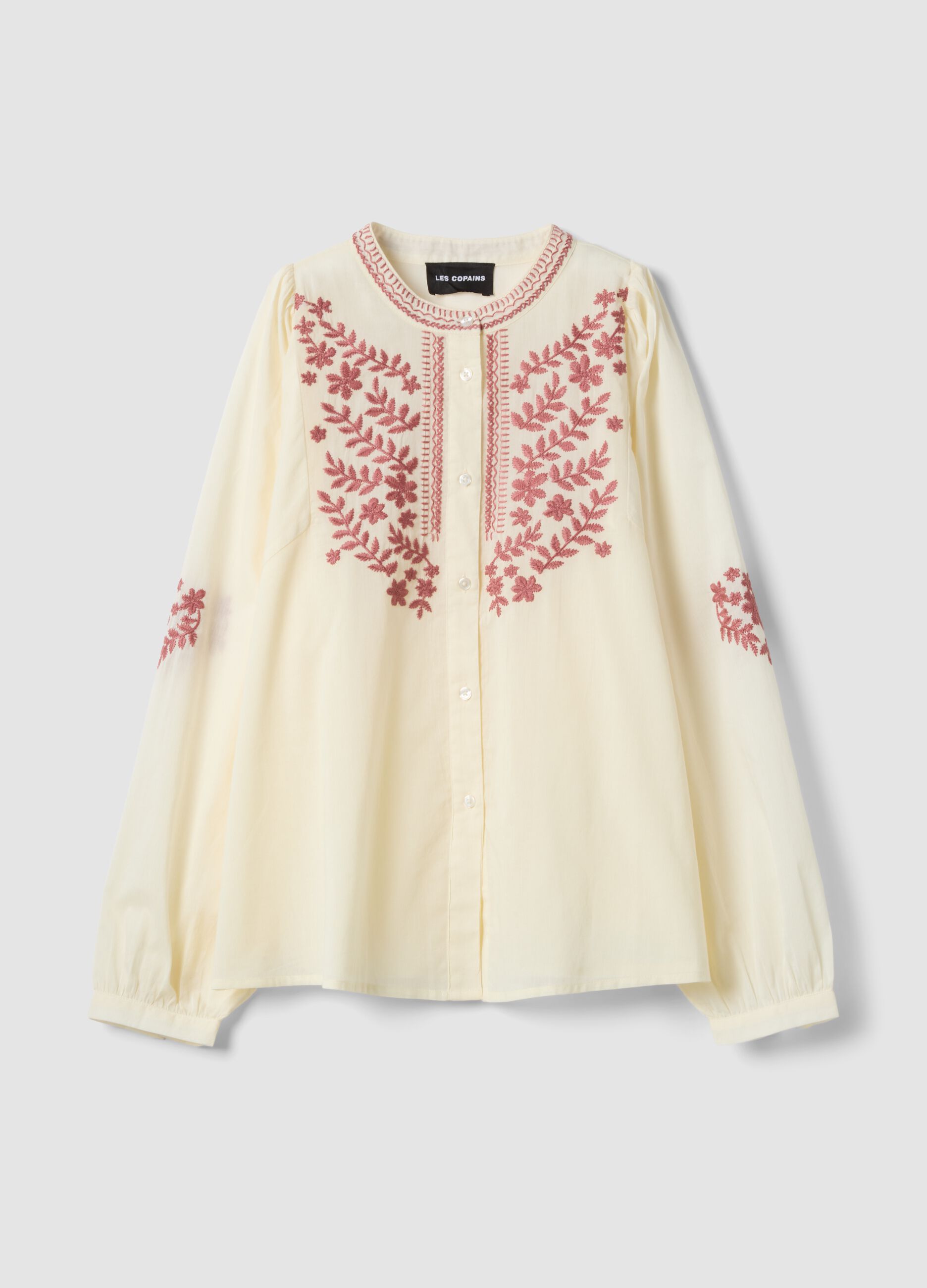 Camicia beige in puro cotone con ricami floreali