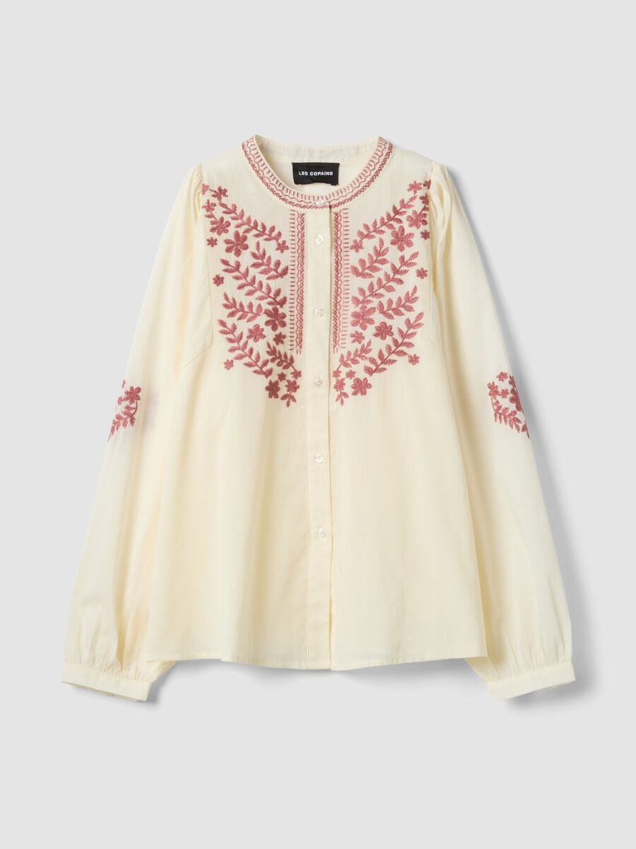 Camicia beige in puro cotone con ricami floreali_5