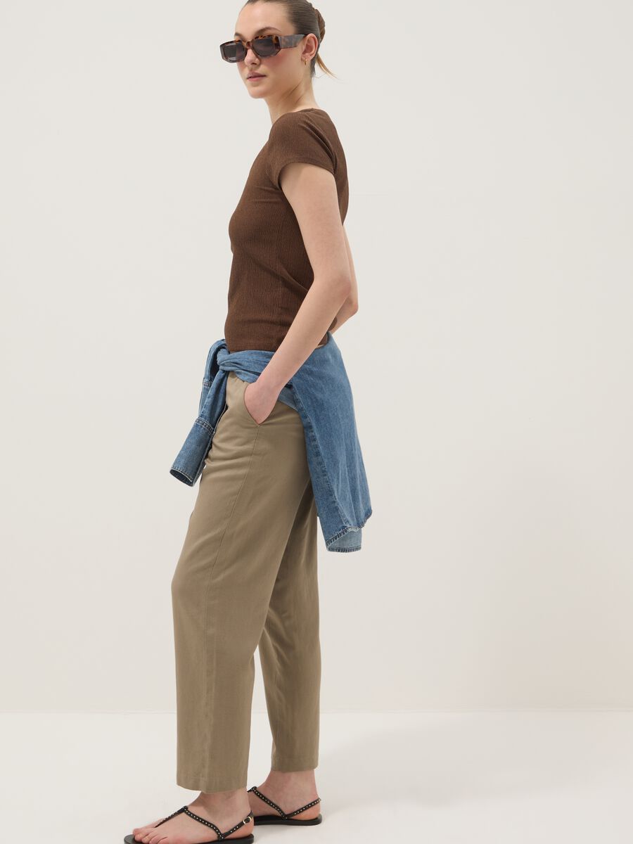 Pantaloni in misto viscosa e lino beige straight fit con coulisse_0