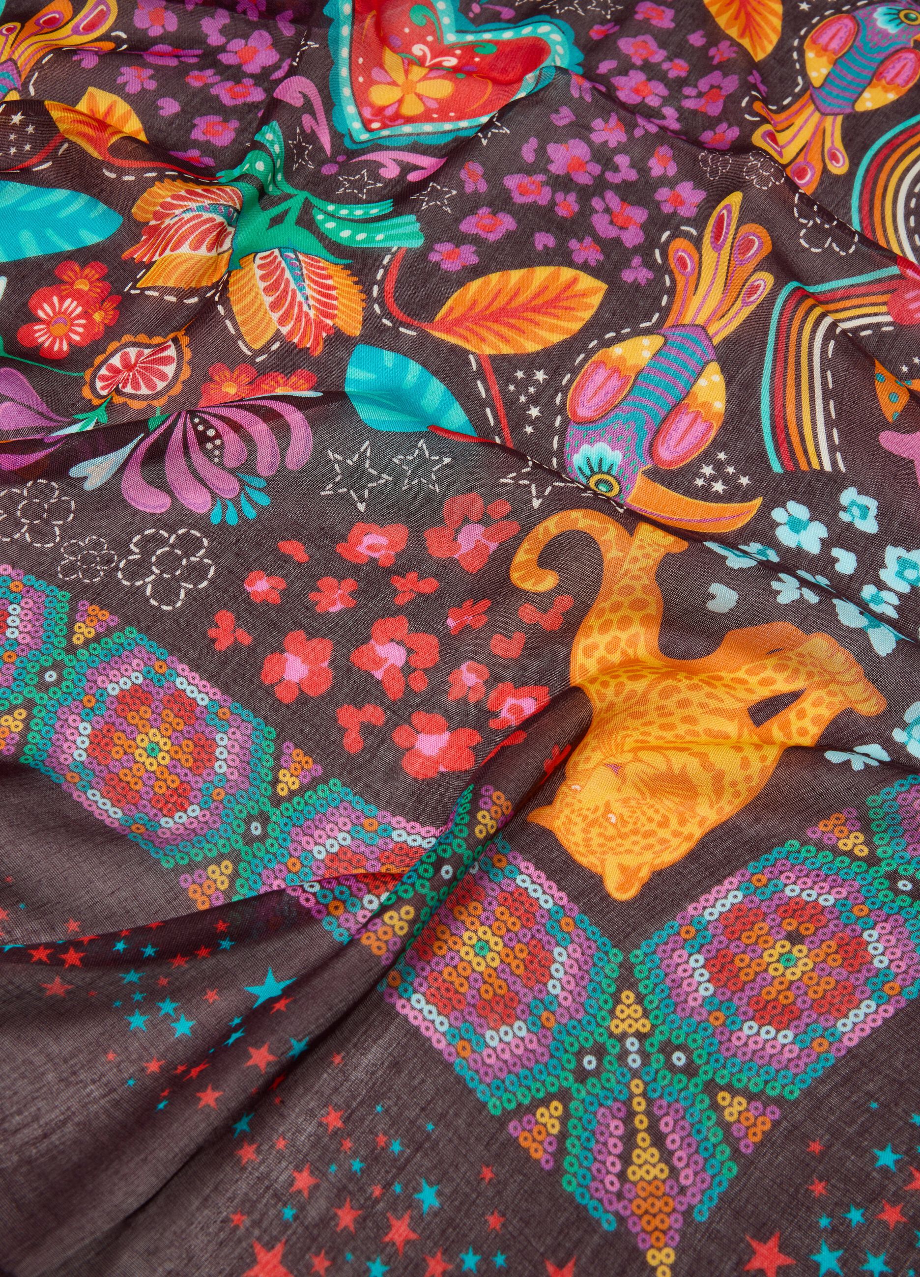 Brown pure viscose scarf with printed design