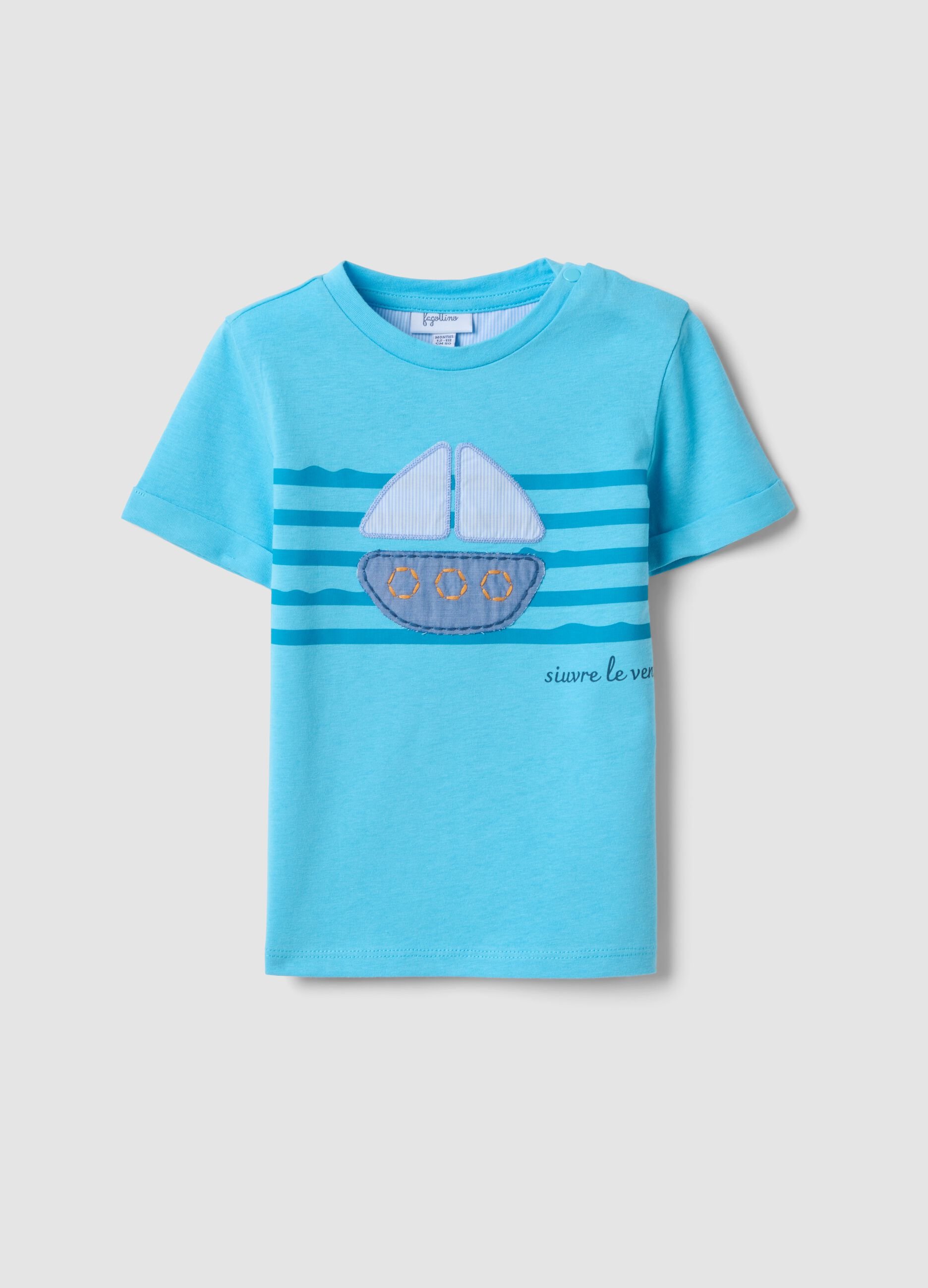 Light blue short-sleeve pure cotton T-shirt with appliqu&eacute; boat