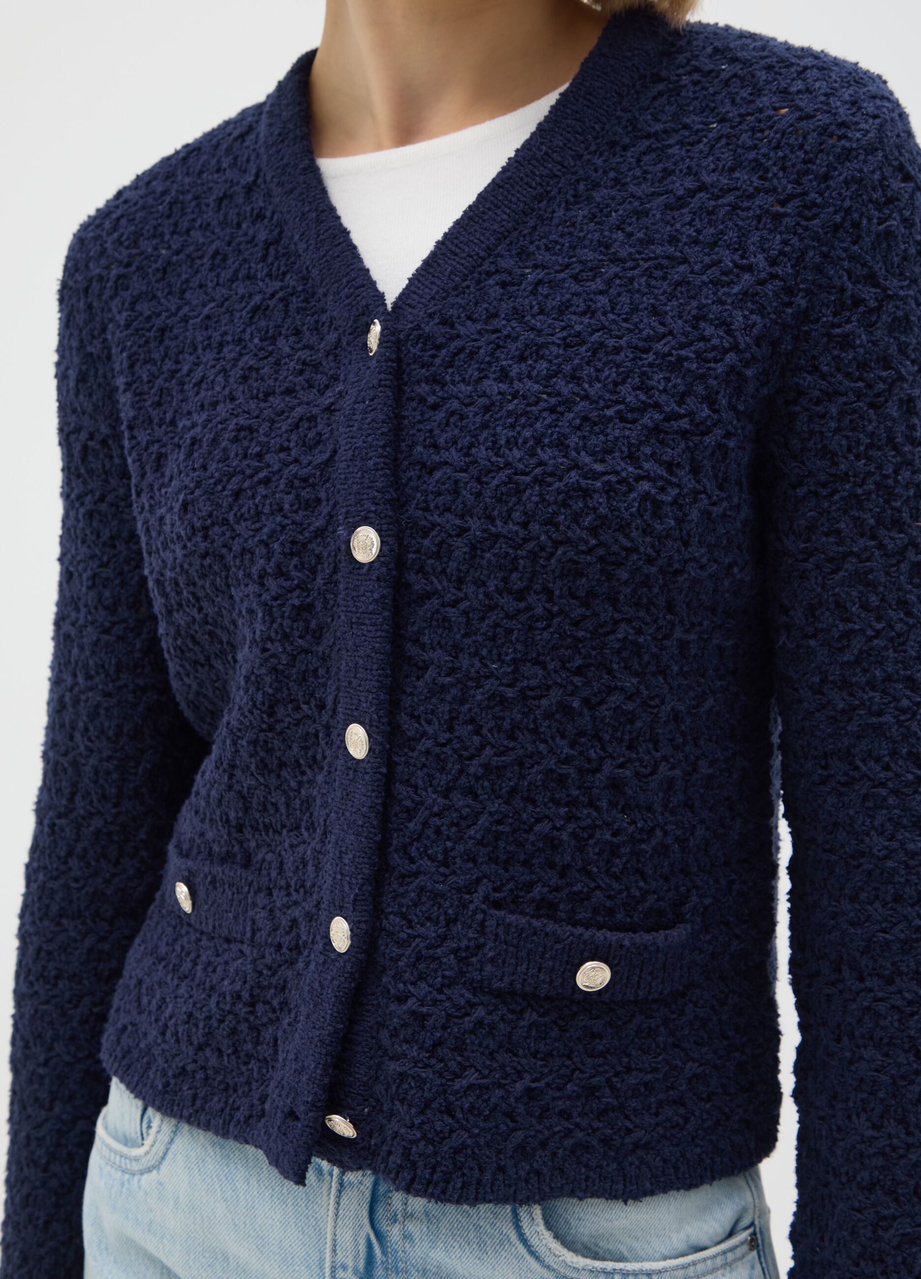 Cardigan blu in maglia strutturata