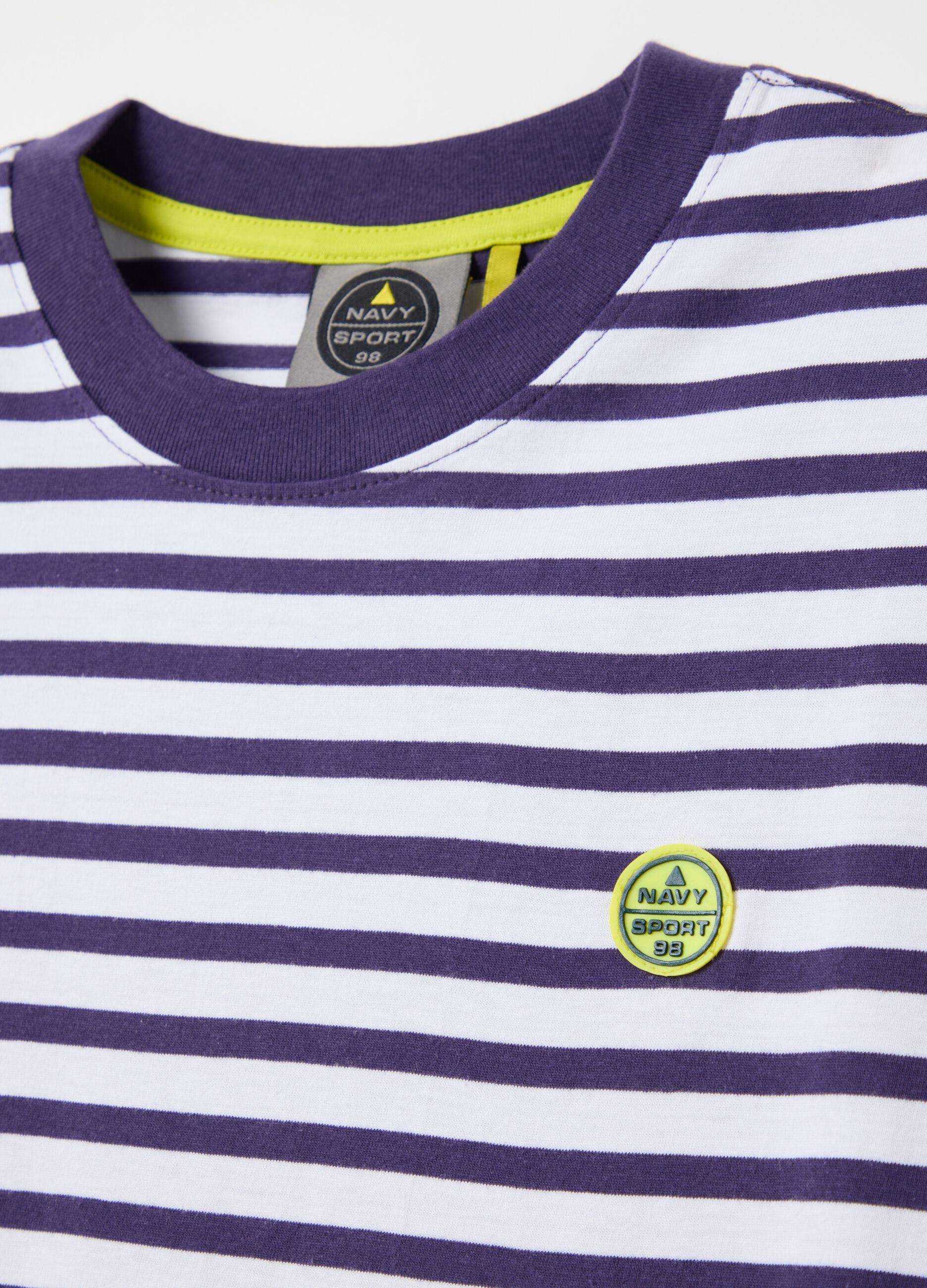 Blue and white striped T-shirt with logo