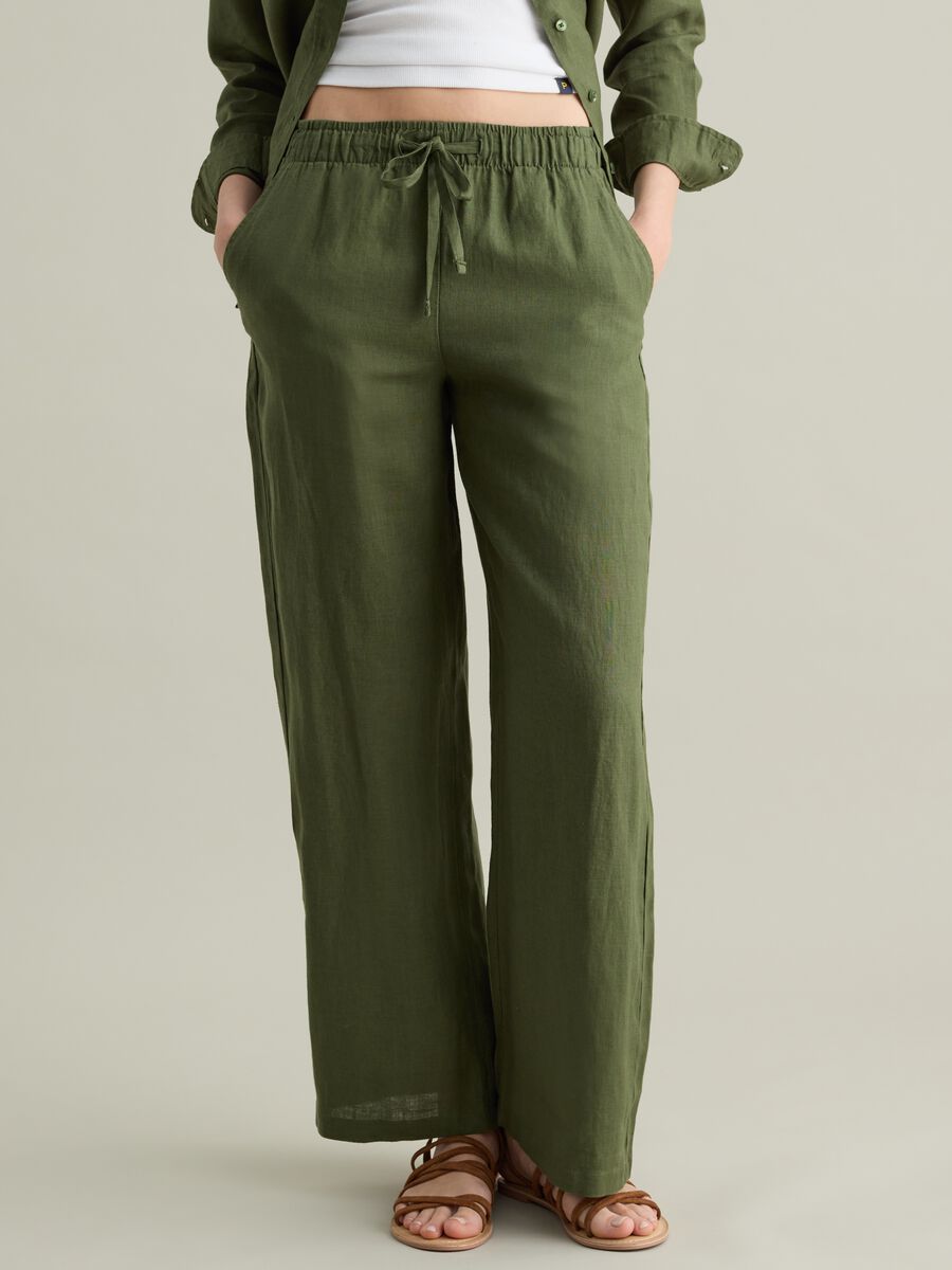 Green wide-leg fluid trousers in linen_1