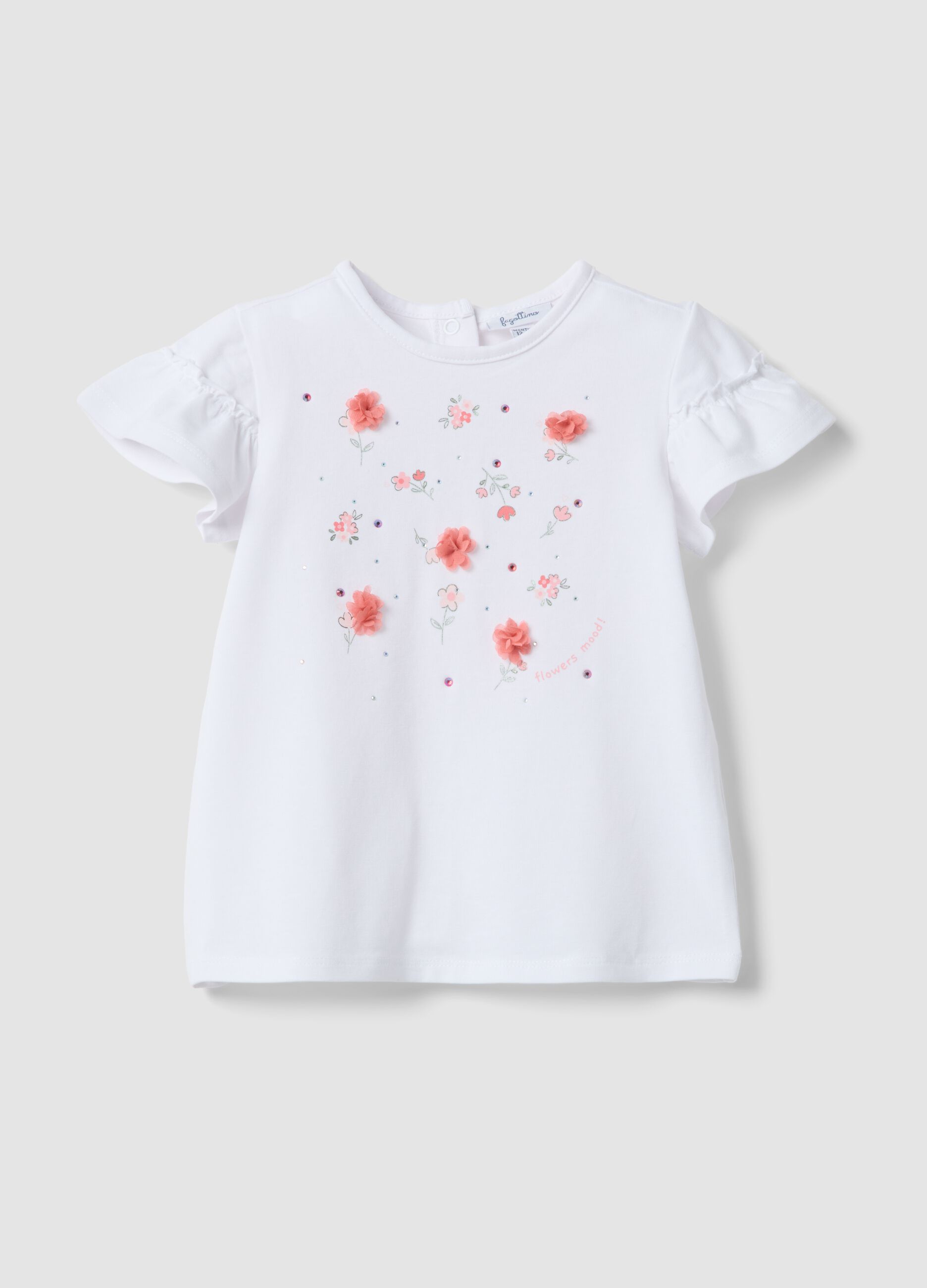 Girls' regular fit white stretch cotton t-shirt with flowers