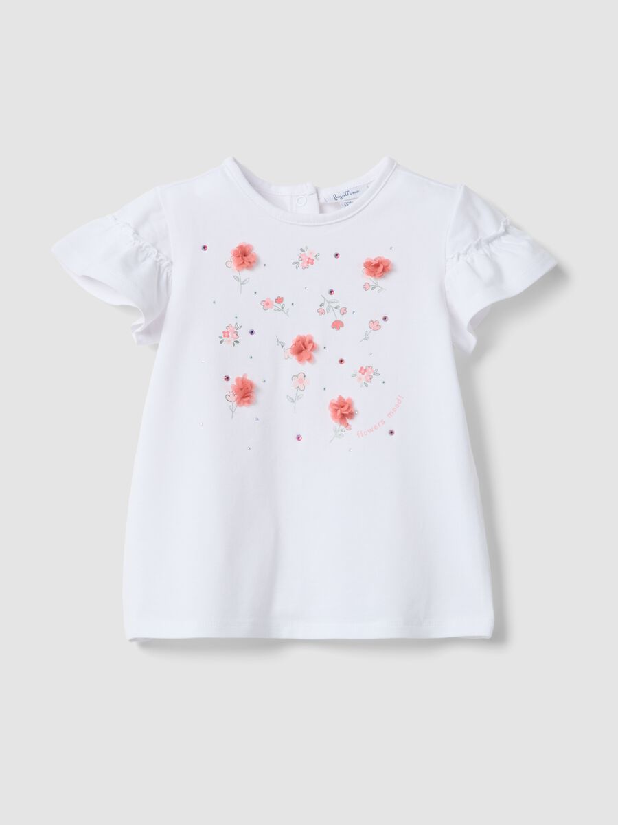 Girls' regular fit white stretch cotton t-shirt with flowers_0