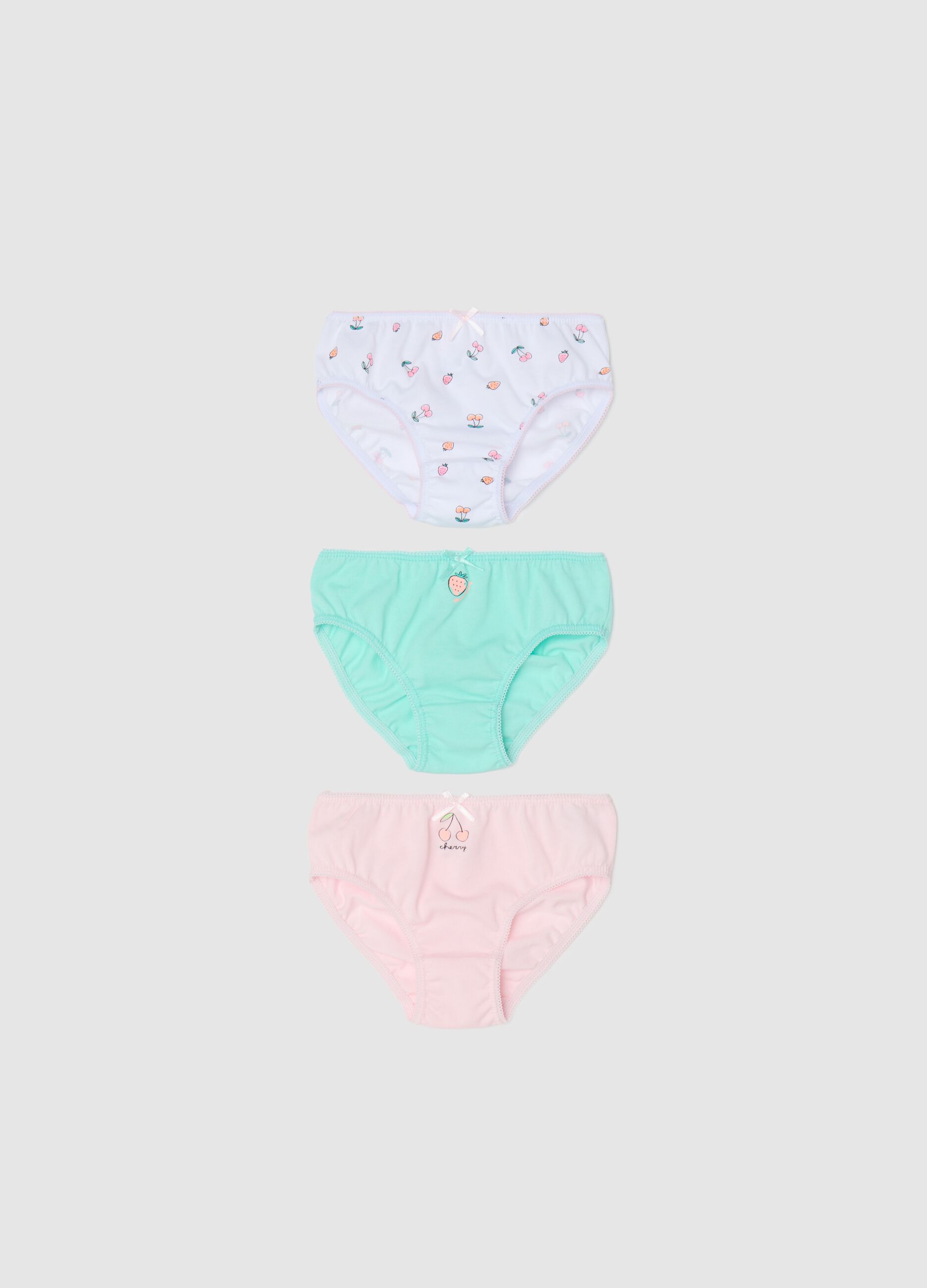 Three-pack pink and green organic cotton briefs with bow and print
